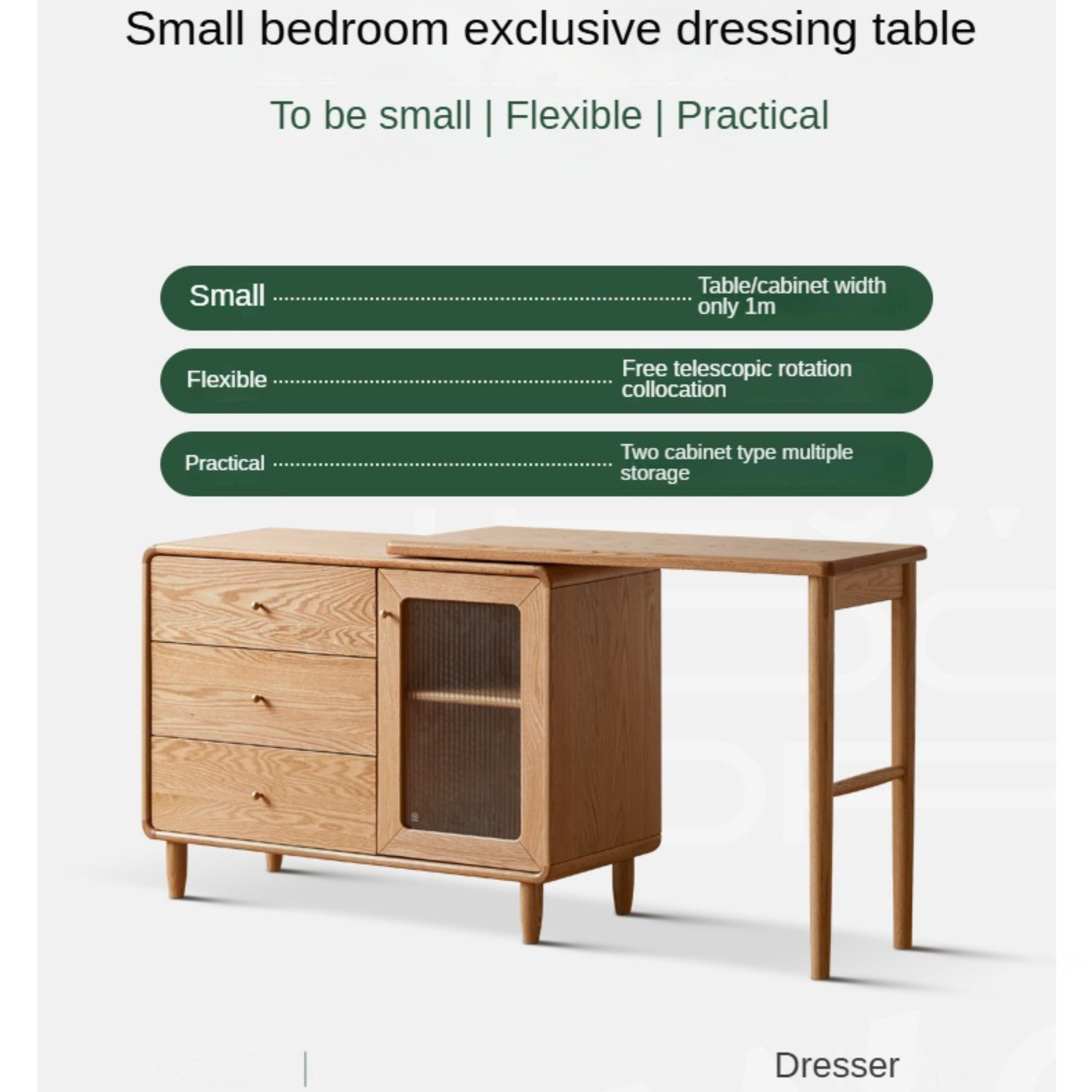 Solid Oak Retractable Vanity Dressing Table with Mirror - Perfect for Bedroom, Bathroom & Small Space Makeup Organization