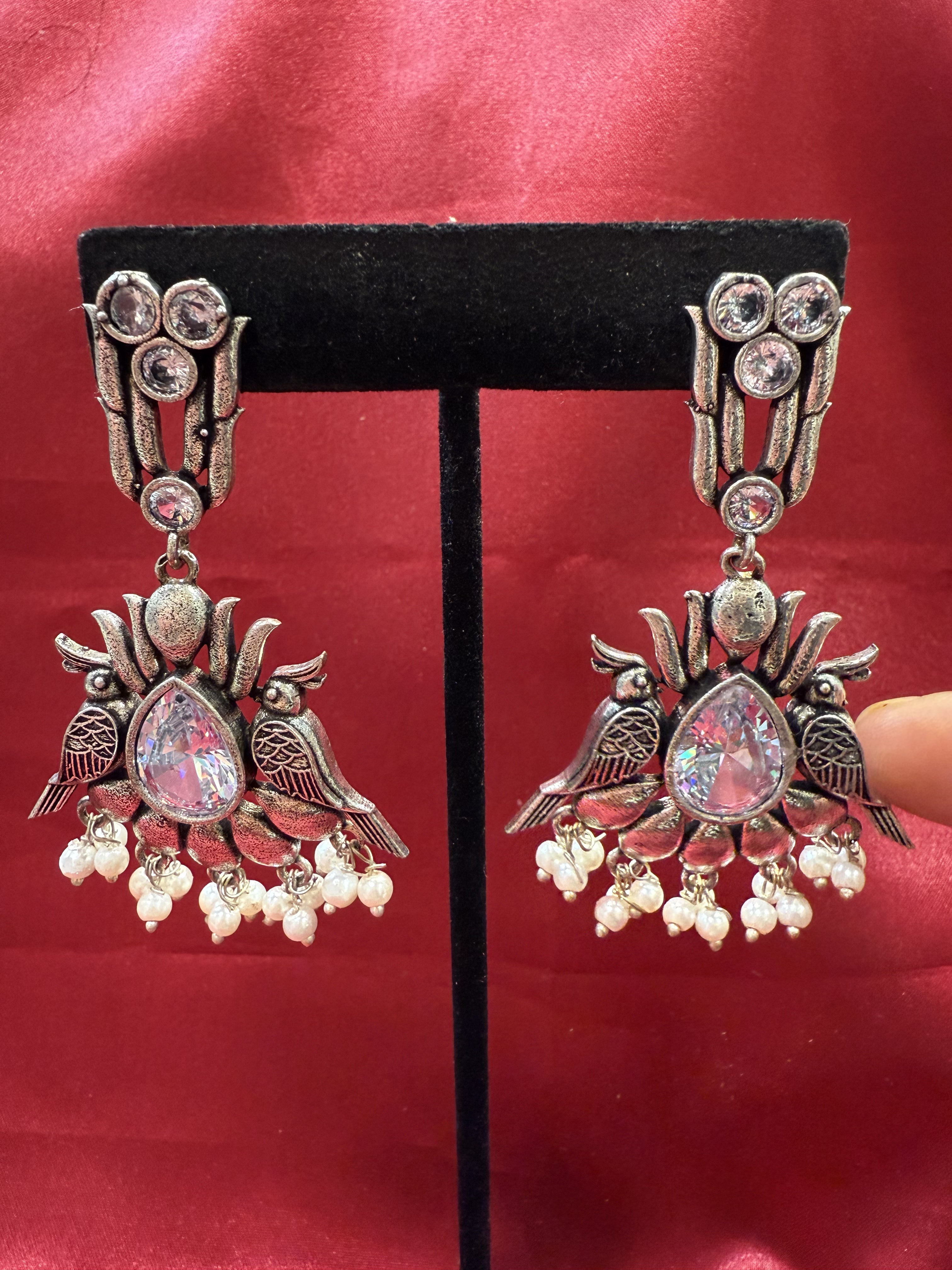 Elegant Silver Stone Beaded Oxidized Bird Design Earrings for Women - Perfect for Parties, Weddings & Everyday Wear