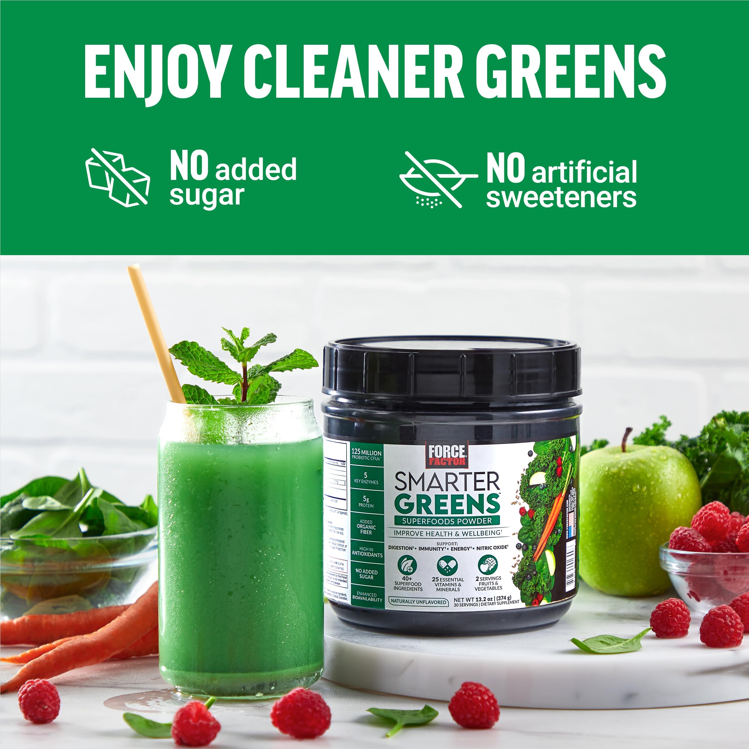 Force Factor Smarter Greens Superfood Powder - Probiotic & Digestive Enzyme Supplement for Gut Health, Immunity Boost & Energy Support with Antioxidants & Fiber (30 Servings) | Daily Wellness & Detox Drink Mix for Active Lifestyles