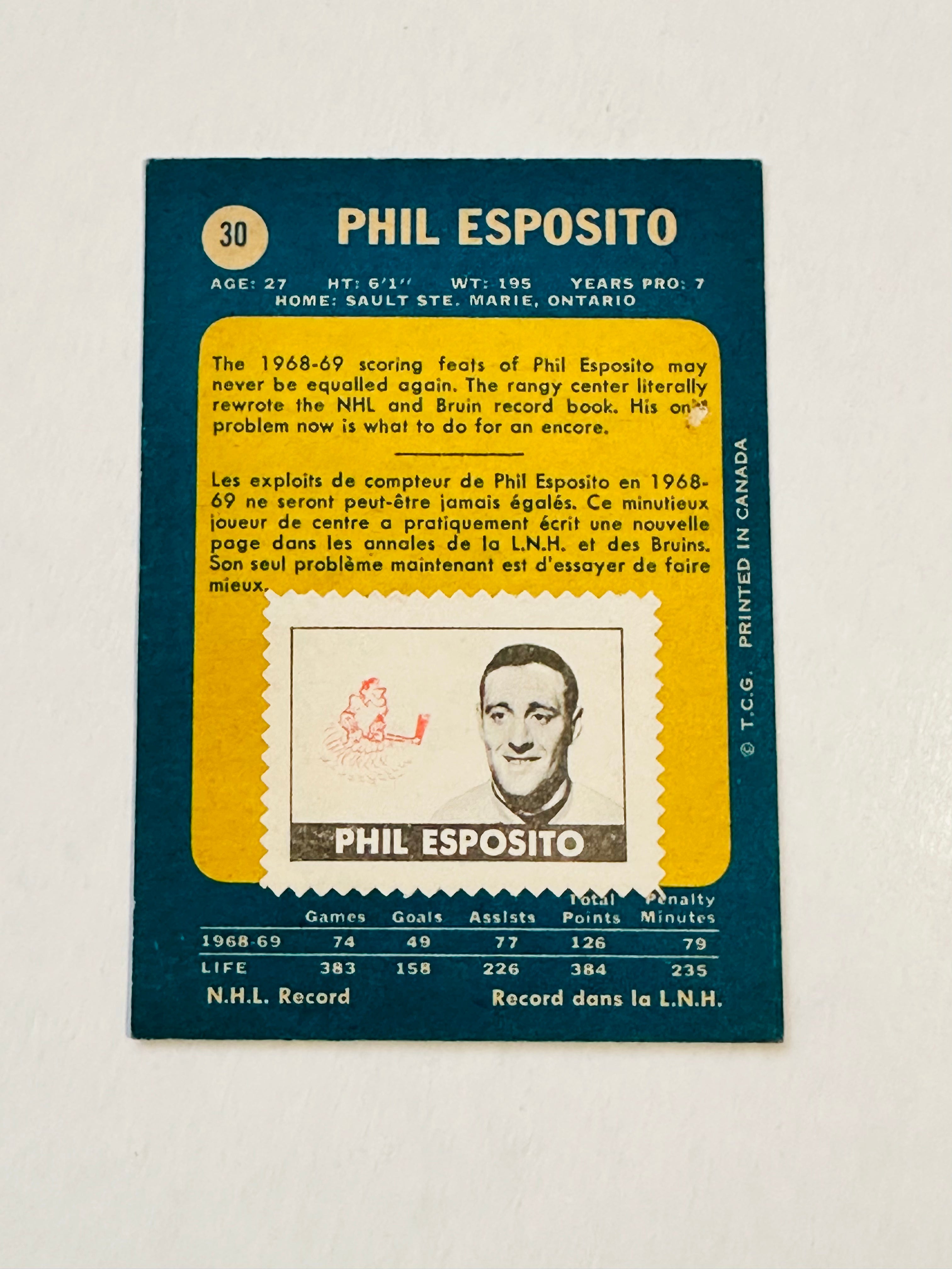 1969 OPC Phil Esposito Hockey Card - Rare Stamp on Back - Vintage NHL Collectible for Sports Memorabilia Fans & Card Collectors