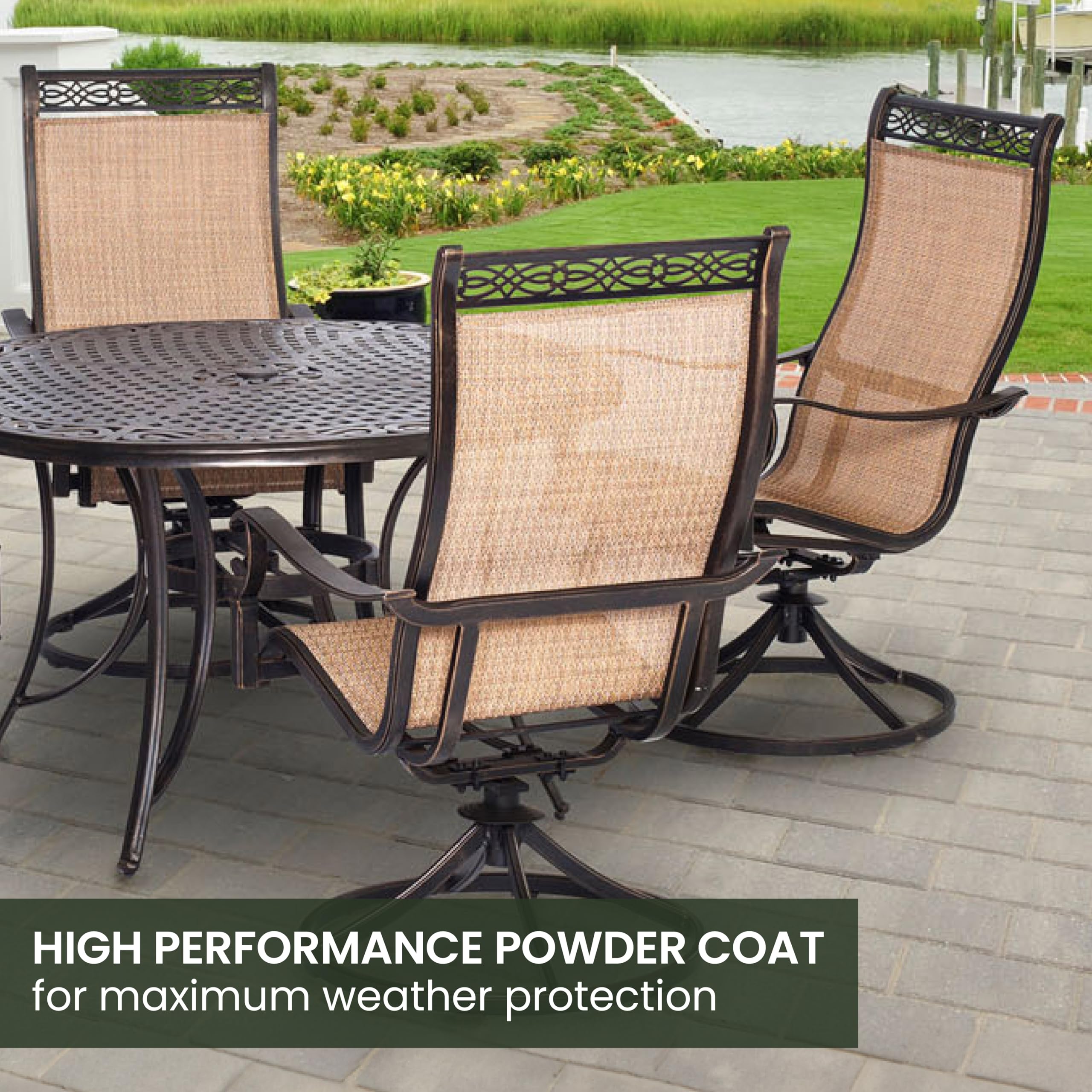 Hanover Manor 5-Piece Outdoor Dining Set - Rust-Resistant Aluminum Patio Furniture with PVC Sling 360° Swivel Rocking Chairs & Round Table for Backyard, Deck, Porch - Perfect for Outdoor Entertaining & Relaxation