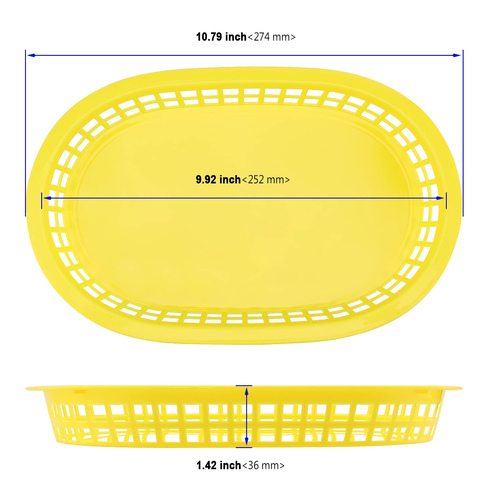 24 Pack 11x7 Inch Yellow Plastic Fast Food Serving Baskets - Oval Shaped Deli Food Service Containers for Burgers, Hot Dogs, Sandwiches, Fries & BBQ | Perfect for Restaurants, Food Trucks, Catering & Outdoor Parties