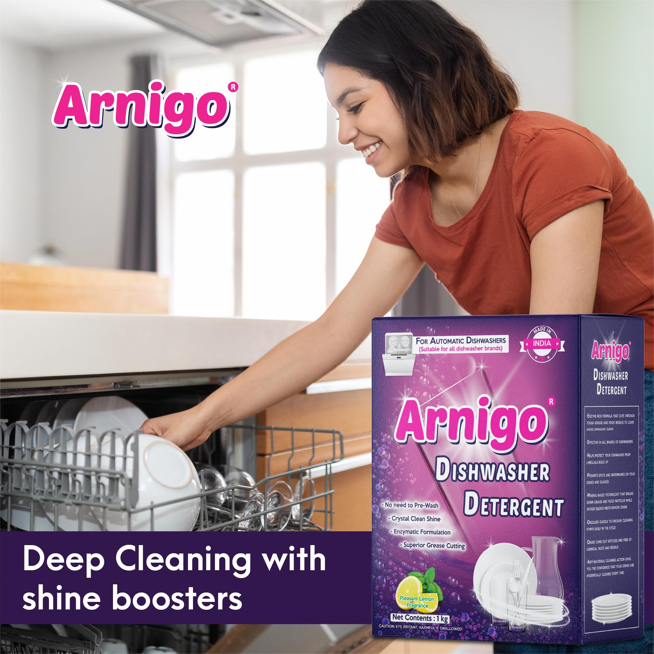 Arnigo Dishwasher Detergent Powder - Enzyme Rich Formula for All Brands | No Pre-wash Needed | Crystal Clean Shine with Mineral-based Technology (1kg) - Perfect for Daily Dishwashing & Hard Water Areas