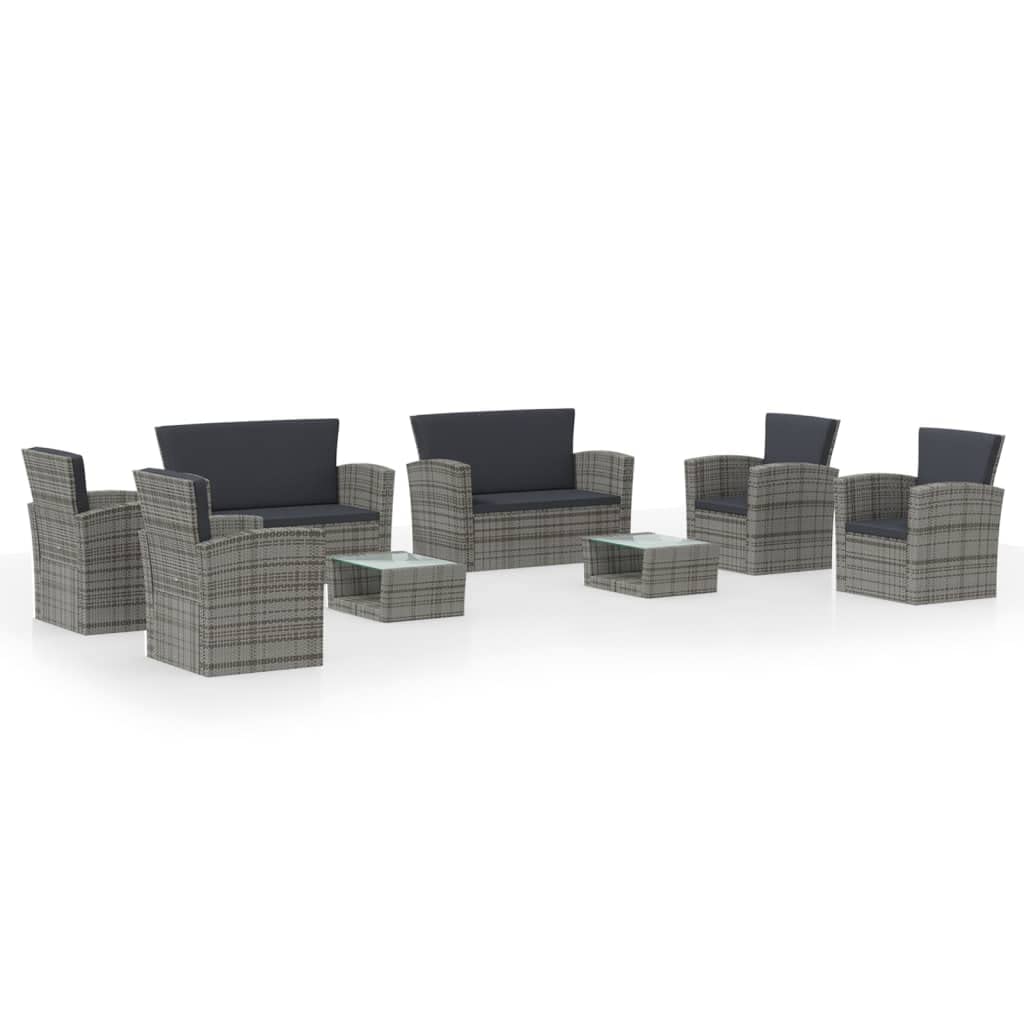 vidaXL 8-Piece Gray Patio Lounge Set with Cushions - Poly-Rattan Outdoor Furniture with Glass Tabletop - Easy Assembly & Lightweight - Perfect for Garden, Poolside & Backyard Relaxation