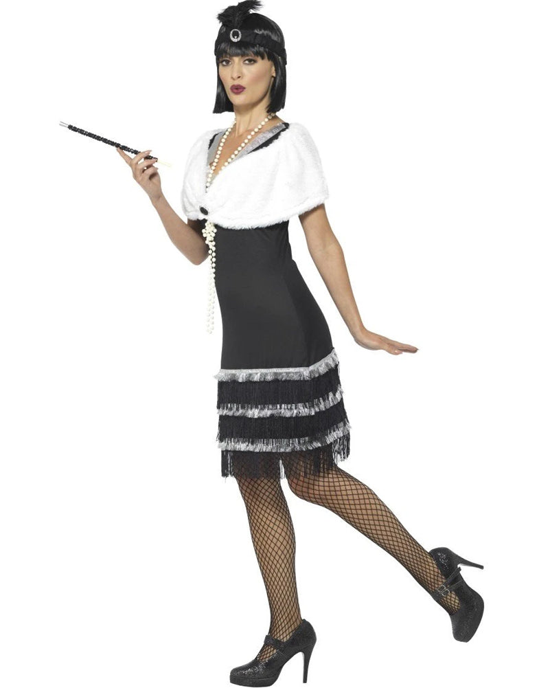 1920s Black Flapper Dress with Fur Stole - Vintage Women's Costume for Halloween, Gatsby Party & Roaring 20s Theme Events