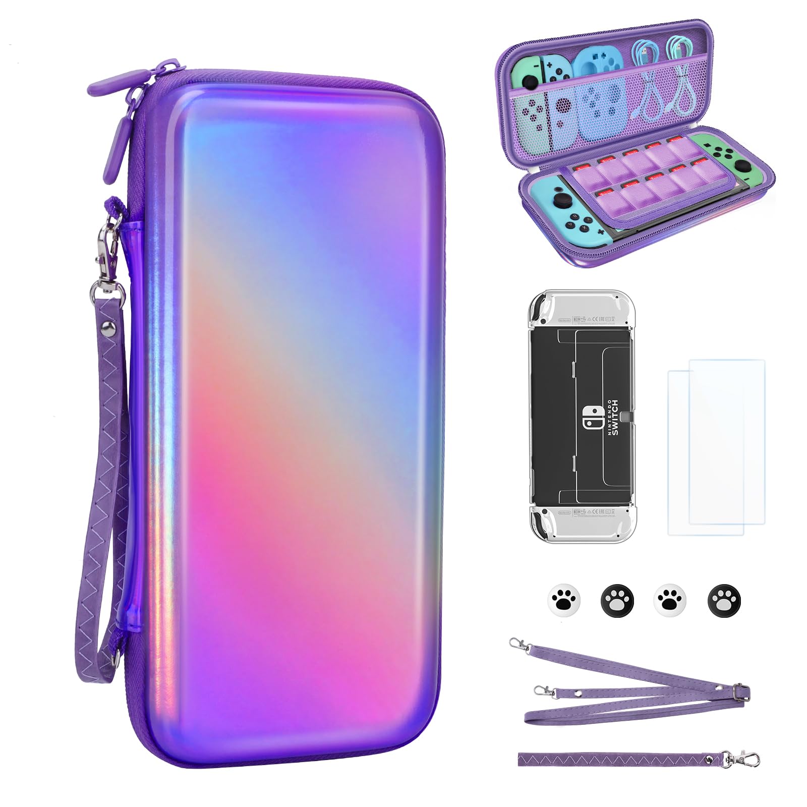 Belle&Birdie Protective Hard Shell Carrying Case for Nintendo Switch OLED - 10-in-1 Accessories Bundle with Game Cartridge Holder, Screen Protector, Cover, Strap & Thumb Grips | Waterproof Travel Case for Gaming On-The-Go, Commuting & Outdoor Adventures