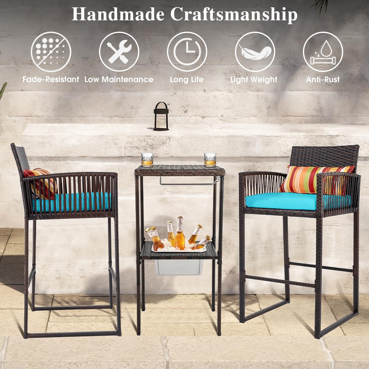 Sundale Outdoor 3-Piece Wicker Bar Set with Ice Bucket, 2 Pub Stools & Glass Holder - Brown Rattan & Blue Cushions - Perfect for Patio, Garden, Poolside & Backyard Entertaining