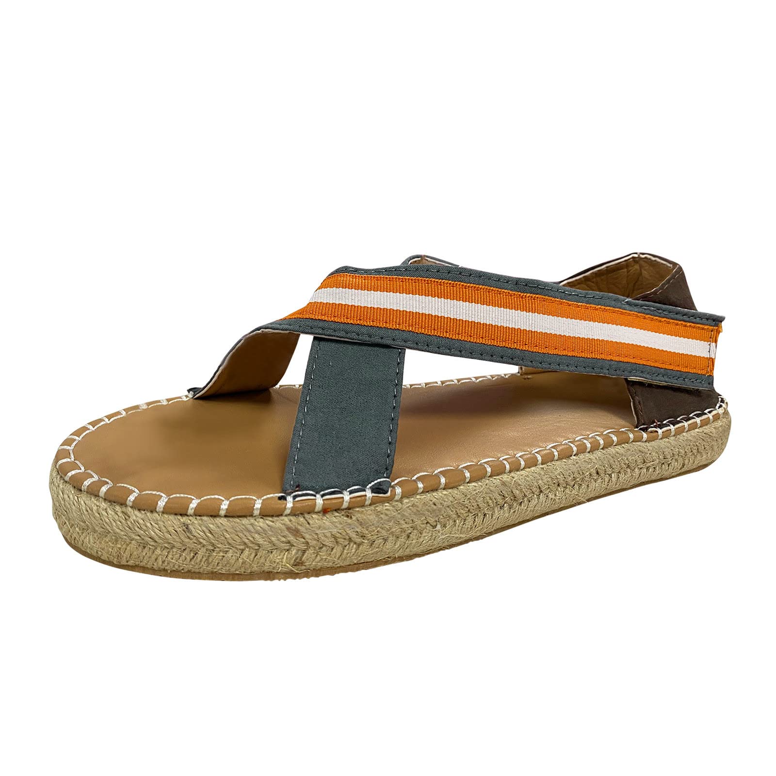 Women's White Flat Sandals - Breathable Straw & Canvas Platform Sandals with Knitted Design, Striped Block Heel (Blue, Size 9.5-10) | Perfect for Beach Vacations, Summer Outfits & Casual Wear