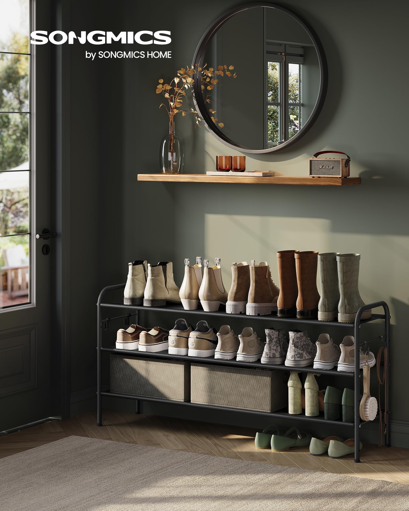 SONGMICS 3-Tier Fabric Shoe Rack Organizer - Adjustable Height, 18-Pair Capacity with 4 Hooks - Space-Saving Entryway, Hallway & Closet Storage Solution - Easy Assembly, Black - Perfect for Small Apartments & Mudroom Organization
