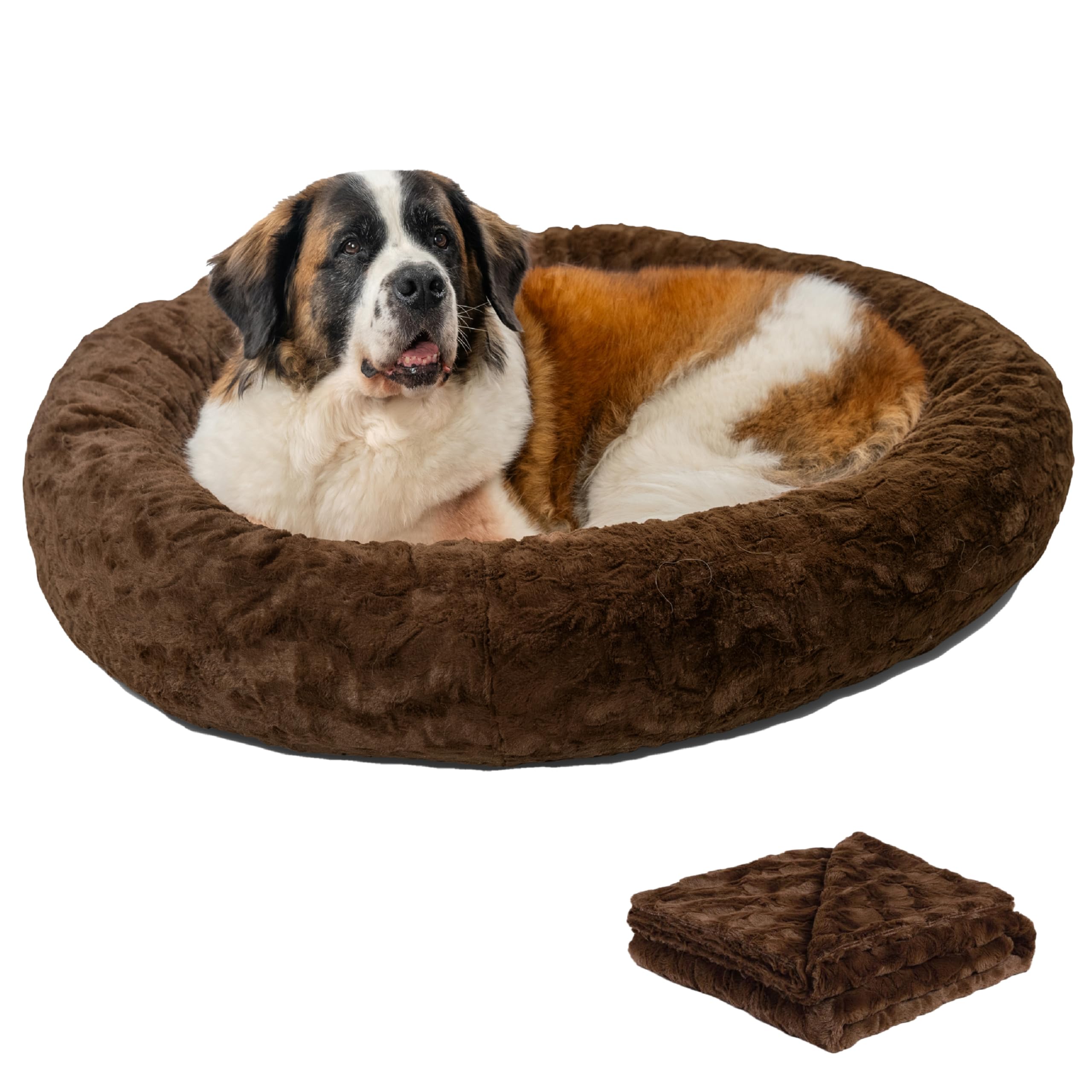 Best Friends by Sheri Calming Lux Donut Cuddler Cat & Dog Bed with Pet Throw Blanket - Dark Chocolate Extra Large 45