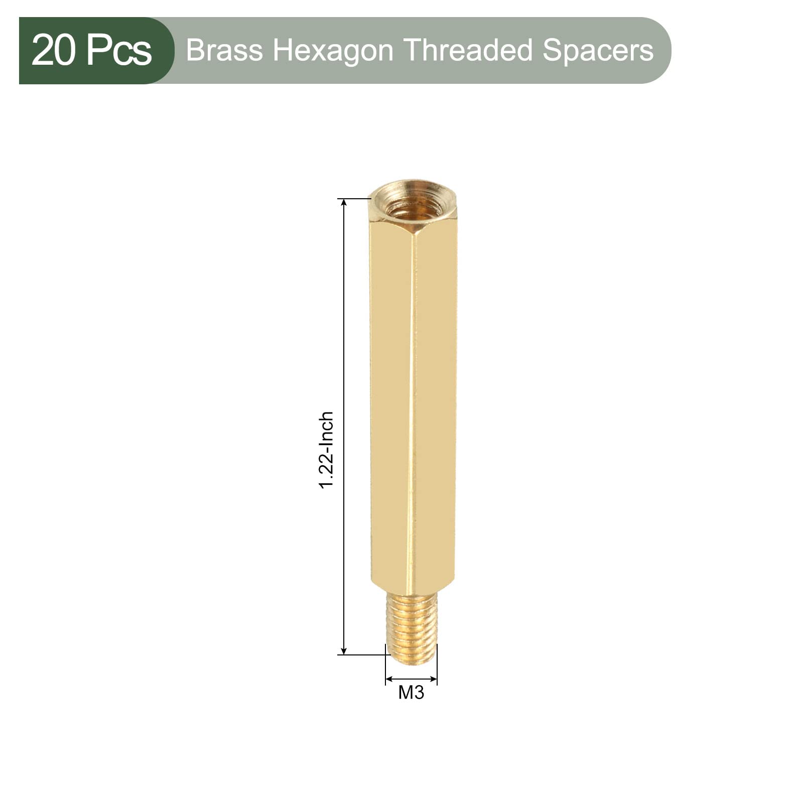 YOKIVE 20 Pcs M3 25+6mm Brass Hexagon Threaded Spacers - Female & Male Threaded Standoffs for Motherboard Mounting, PCB Support, Electronics Projects, 3D Printing & DIY Enclosures