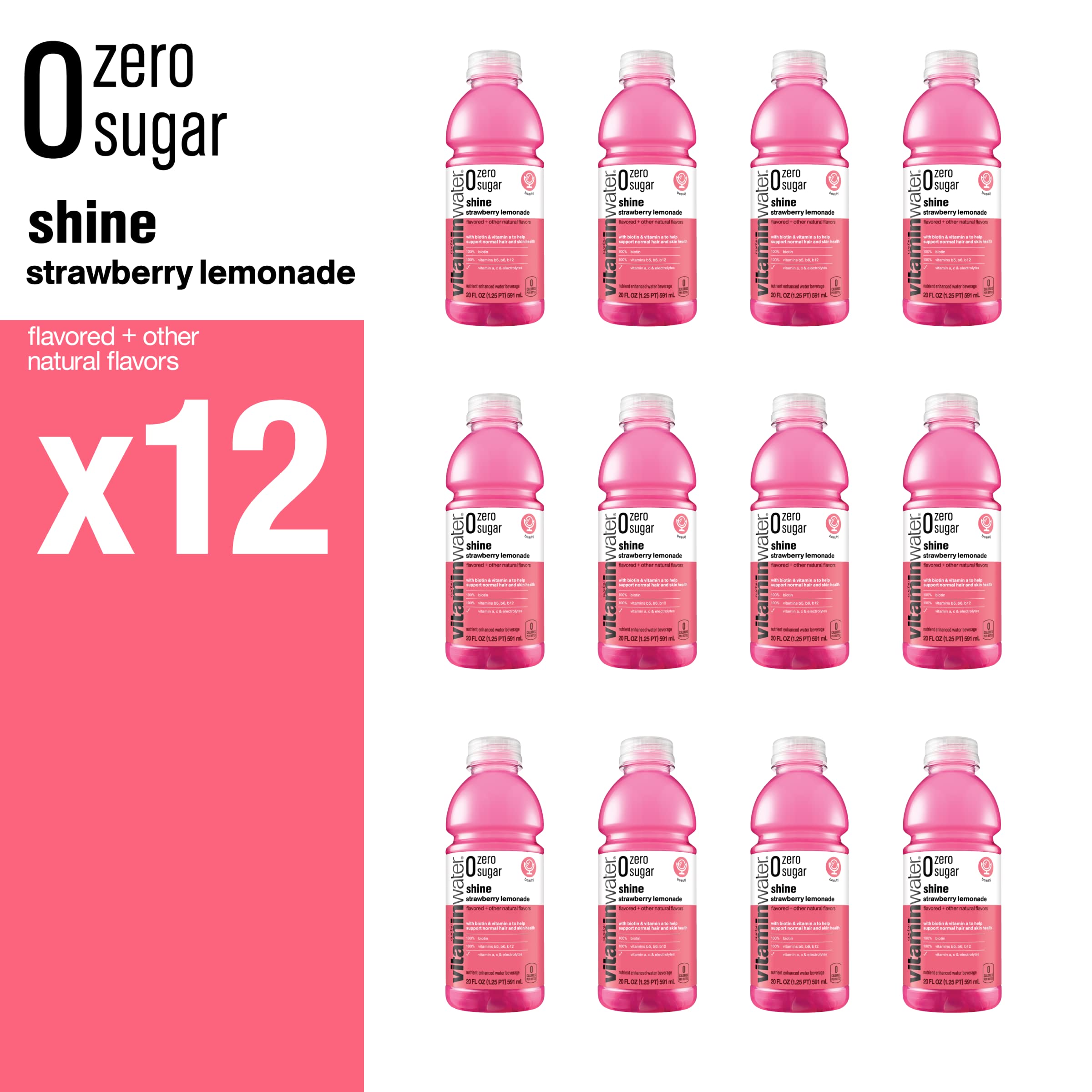 VitaminWater Zero Sugar Shine - Electrolyte Enhanced Water with Vitamins, Strawberry Lemonade Flavor, 20 fl oz (12 Pack) | Hydrating & Refreshing for Workouts, Travel & Daily Hydration