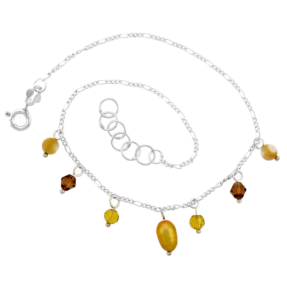 Natural Citrine Beads Sterling Silver Anklet with Gold Pearl & Brown Bicone Crystals - Adjustable 9-10 Inch for Women - Perfect for Beach, Summer Outfits & Boho Fashion