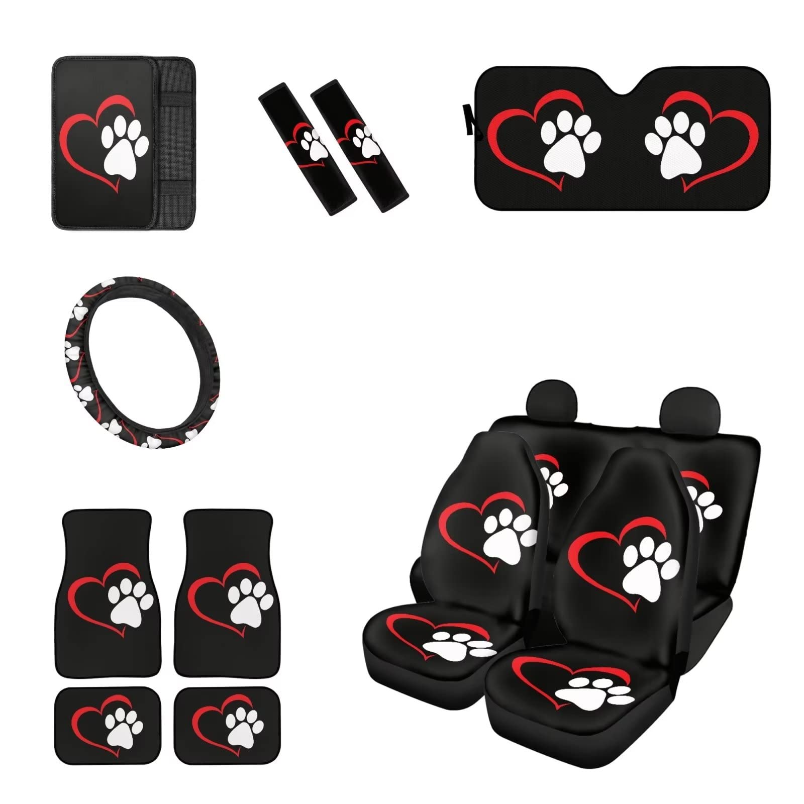 JEOCODY 13-Piece Car Seat Cover Set with Animal Paw Design - Front & Rear Seat Covers, Floor Mats, Steering Wheel Cushion, Armrest Protector & Seatbelt Pads for Women - Perfect for Pet Lovers & Daily Commuting