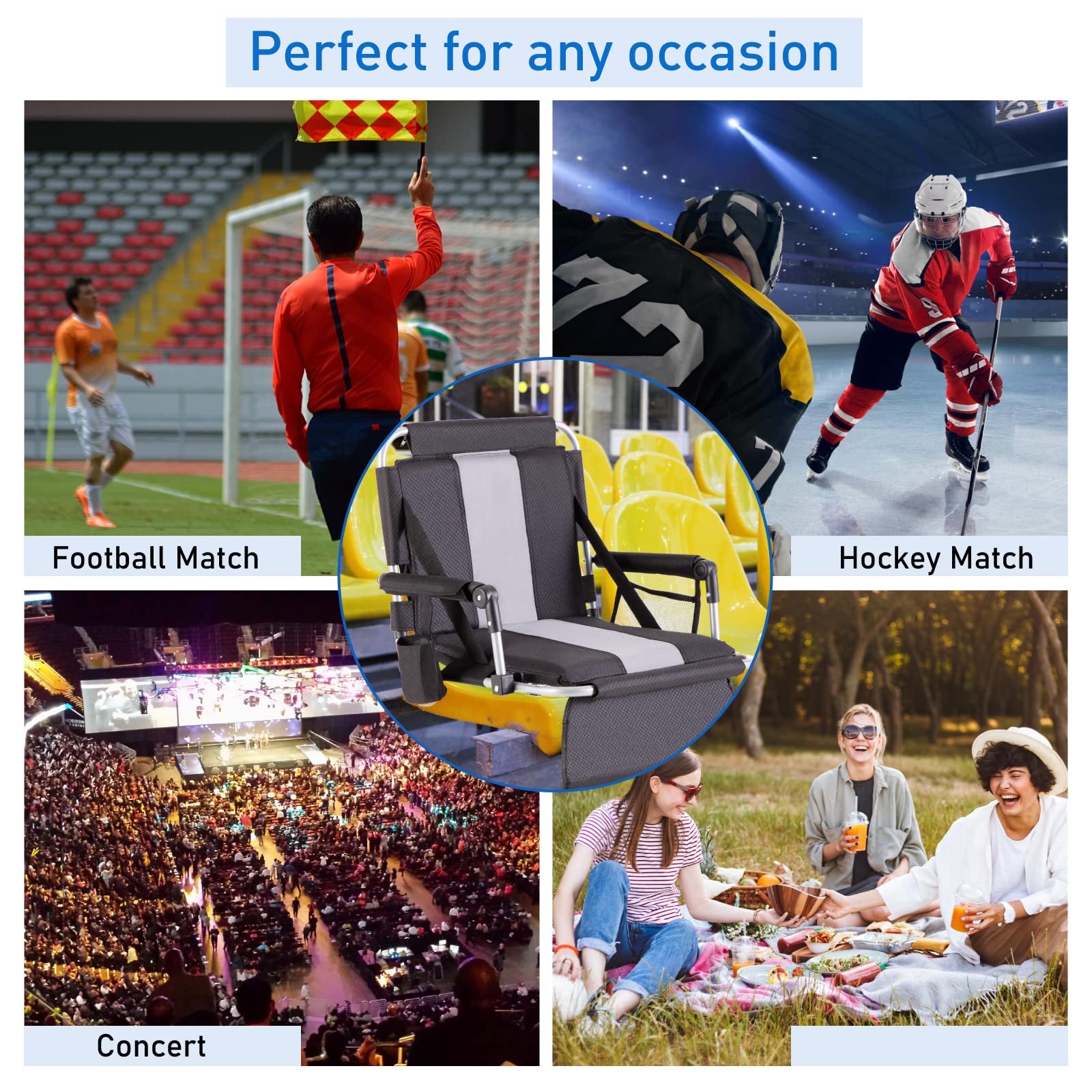 Portable Stadium Chair with Armrest & Back Support - Folding Bleacher Seat for Outdoor Events, Sports Games & Concerts - Includes Cup Holder, Mesh Storage Bag & Hide Hooks - Perfect for Football, Baseball, Camping & Picnics