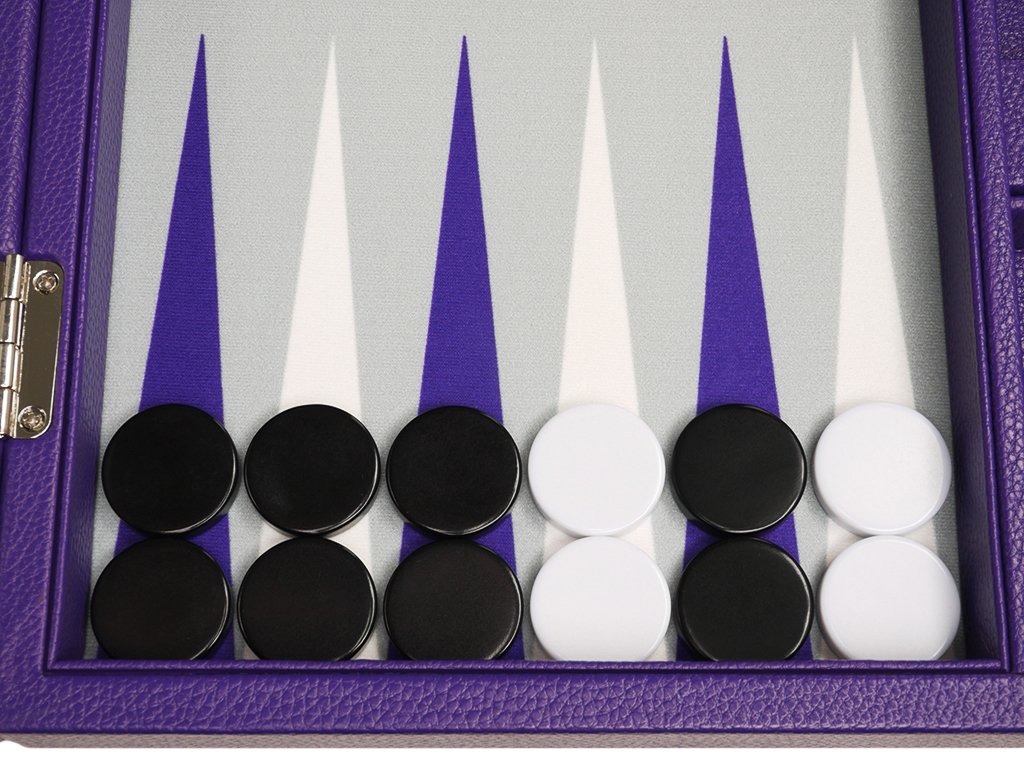 Premium 13-Inch Travel Backgammon Set - Purple Game Board with Grey Field & White/Purple Points | Portable Board Game for Camping, Beach, Picnics & Family Game Nights