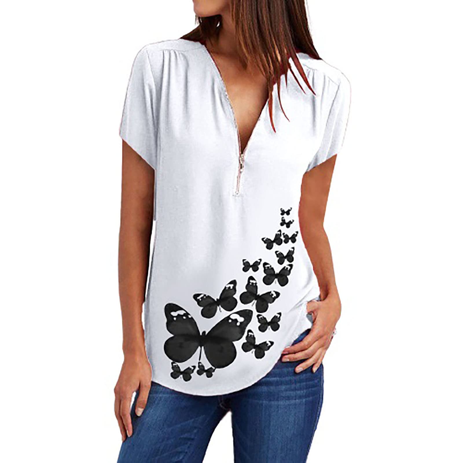 Women's Summer Zip Up Deep V Neck Short Sleeve T-Shirt with Butterfly Graphic Print - Casual Loose Tunic Top for Beach, Vacation & Everyday Wear