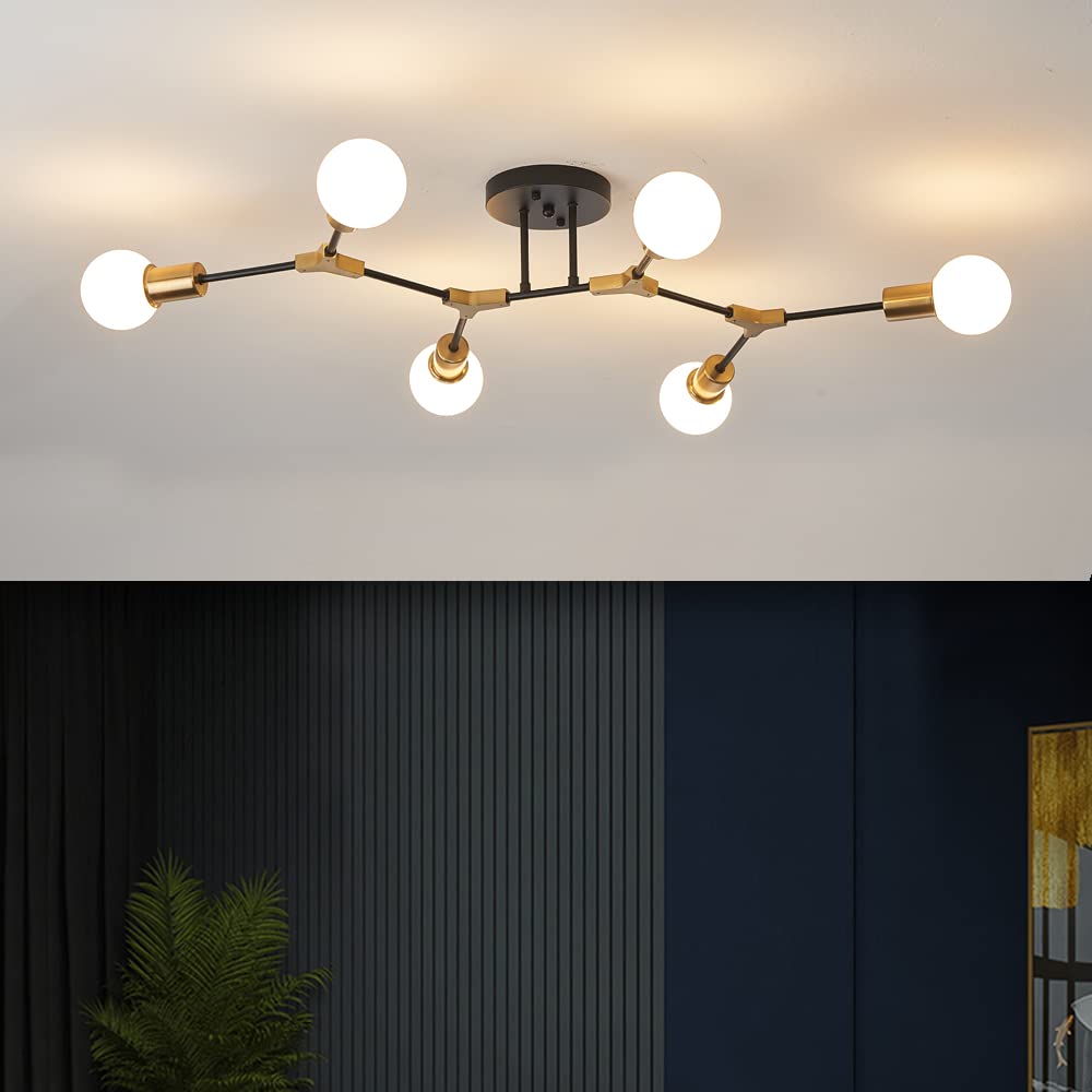 Modern Mid Century 6-Light Semi Flush Mount Ceiling Light Fixture - Minimalist Gold & Black Sputnik Chandelier for Living Room, Bedroom, Dining Room, Hallway, Kitchen & Office | Perfect for Vintage Home Decor & Contemporary Spaces