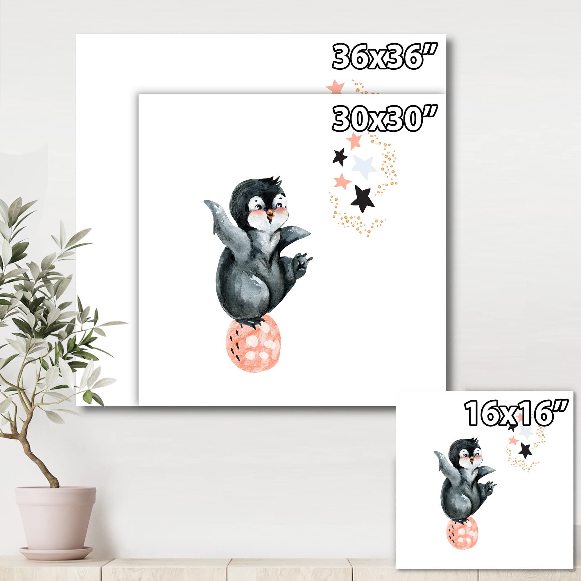 DesignQ Little Penguin with Stars and Planets II - Farmhouse Canvas Wall Art for Nursery, Kids Room & Home Decor - Perfect for Baby Shower Gift & Coastal Themed Living Room