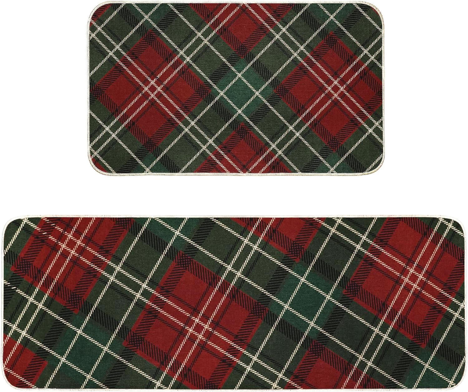 Christmas Plaid Kitchen Rug Set - 2 Piece Waterproof Non-Slip Kitchen Mats with Rubber Backing | Holiday Home Decor for Winter, Entryway & Cozy Kitchen Floor Protection | Merry Christmas Gift Idea