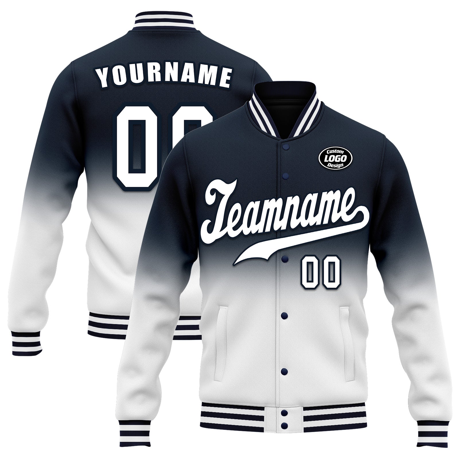 Custom Blue White Fade Bomber Jacket - Personalized Varsity Letterman Jacket with Full Snap Closure (FZ005 D020229 2) - Perfect for High School Sports, Casual Wear & Street Fashion