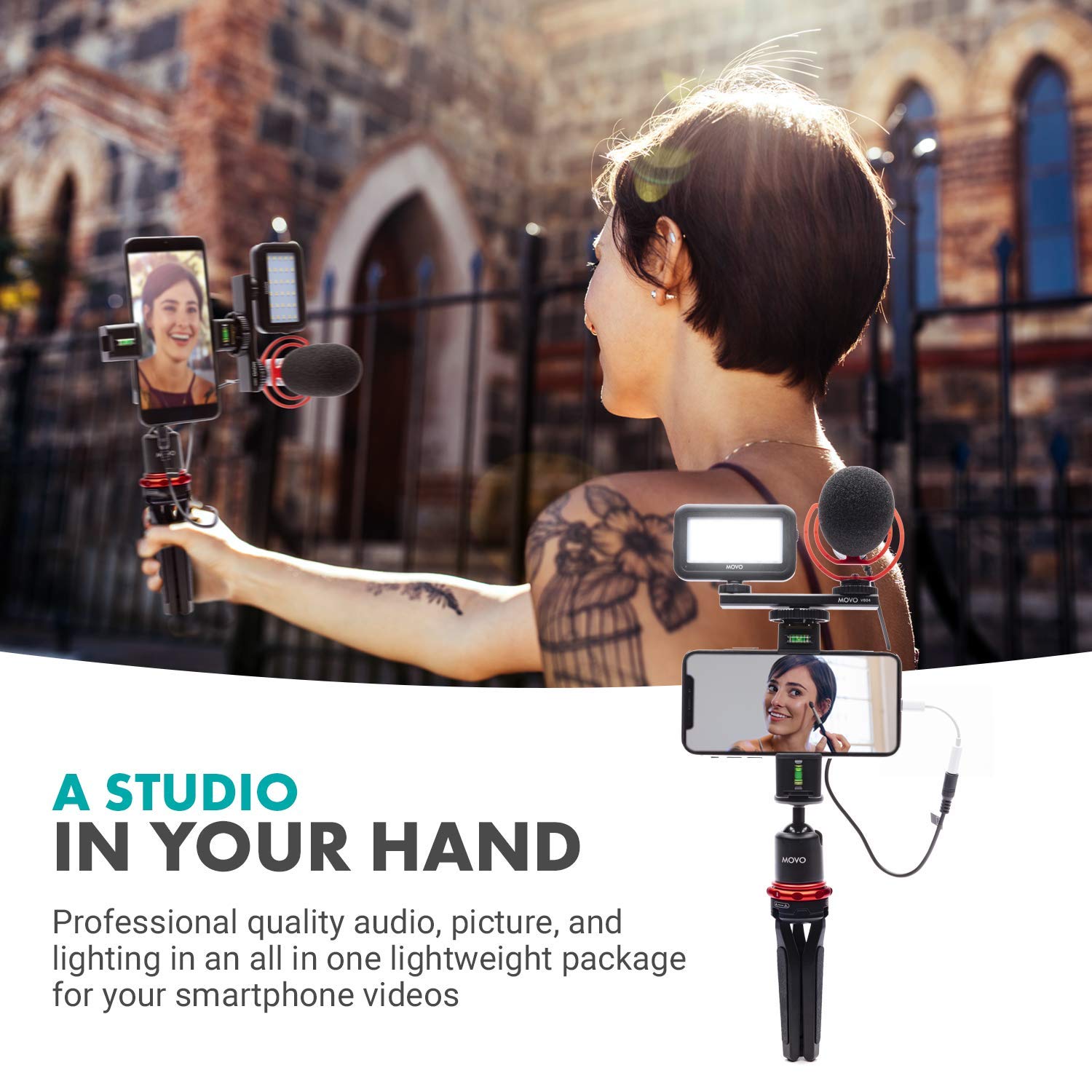 Movo VXR10-PRO+ Smartphone Video Rig Kit with Pro Shotgun Microphone, LED Light & Mini Tripod - Compatible with iPhone 11/11 Pro Max/SE/XS/XR/X & Android Phones - Perfect for Vlogging, YouTube Videos & Live Streaming