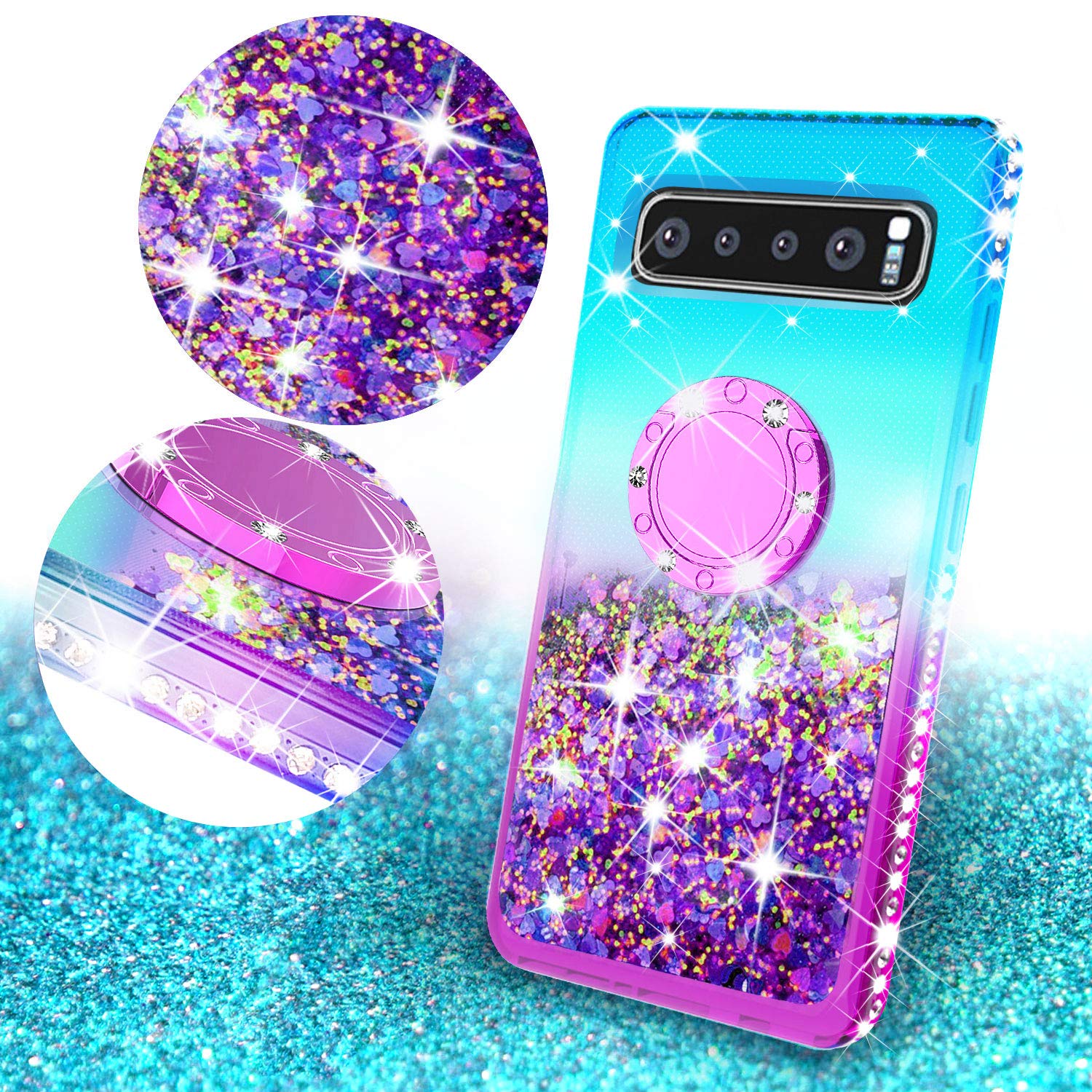 SOGA Rhinestone Liquid Quicksand Phone Case for Samsung Galaxy S10 - Sparkly Glitter Protective Cover with Magnetic Ring for Car Mount & Lanyard (Purple/Teal) - Perfect for Girls, Teens & Fashion Lovers, Great for Daily Use, Parties & Gifts