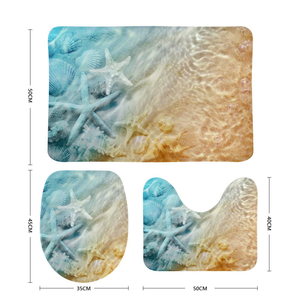 3 Piece Bathroom Rug Set - Non-Slip Seashell Starfish Beach Theme Contour Mat, Toilet Lid Cover & Bath Mat for Coastal Decor | Soft Gradient Maritime Design for Bathroom, Guest Room & Vacation Homes