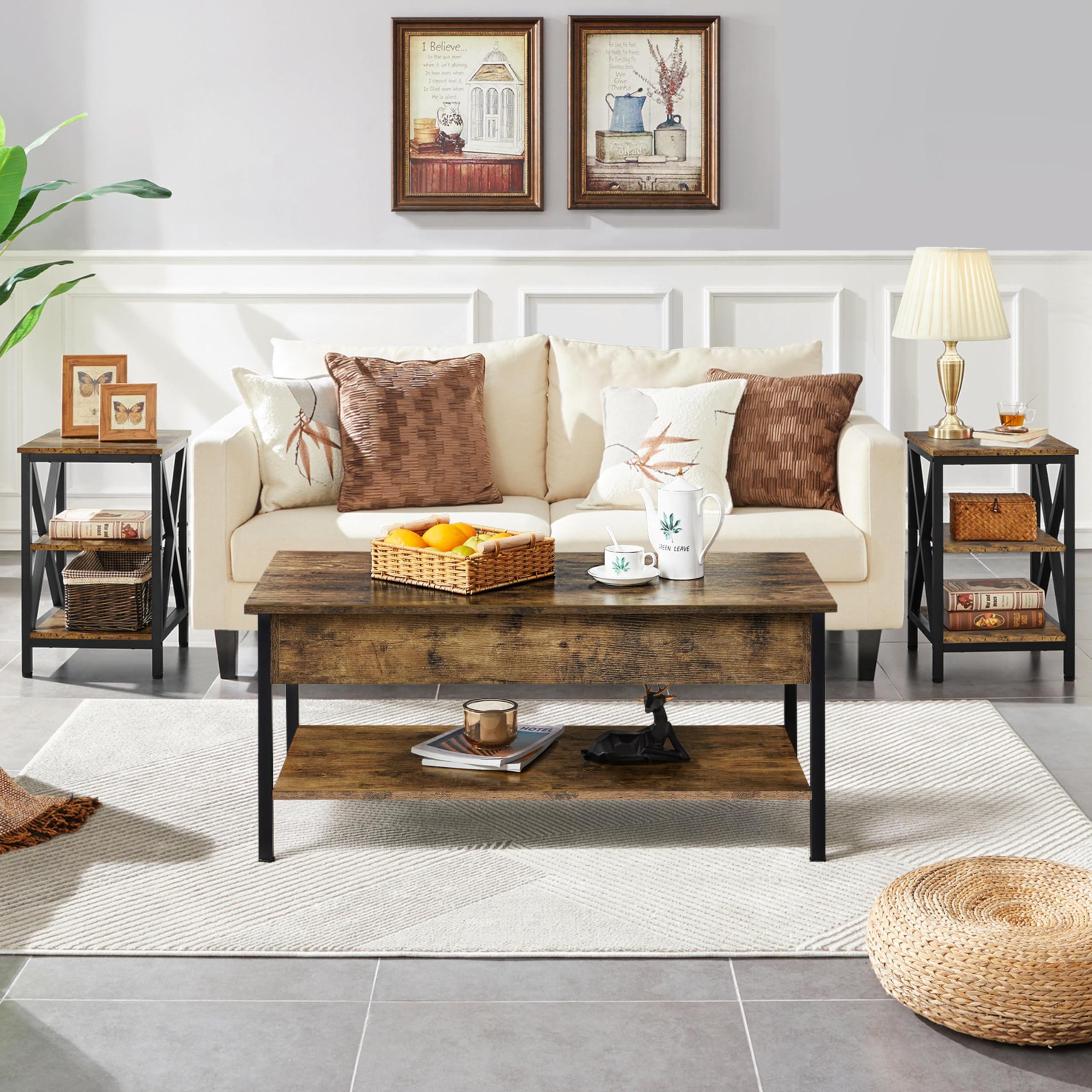 Yaheetech 3-Piece Lift Top Coffee Table Set with Hidden Storage - Industrial Style Rustic Brown Lift-Up Center Table & X-Shape End Tables for Living Room, Perfect for Small Spaces, Home Office, and Modern Farmhouse Decor