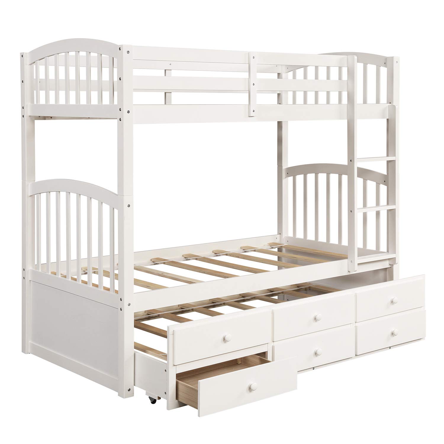 JULYFOX Twin Over Twin Pine Wood Bunk Bed with Ladders, Trundle & Drawers - Full Length Guard Rails, No Box Spring Needed - 3 Bed Frames for Kids, Teens & Small Spaces - White - Perfect for Shared Kids' Rooms, Sleepovers & Space-Saving Bedroom Solutions