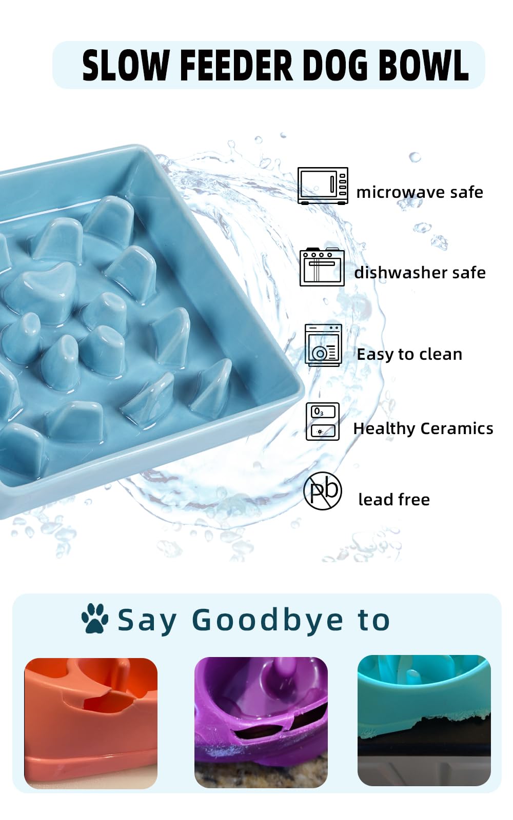 Ceramic Slow Feeder Dog Bowl for Small & Medium Breeds - Square Fun Design in Turquoise - Prevent Fast Eating & Bloat - Perfect for Mealtime Enrichment & Portion Control