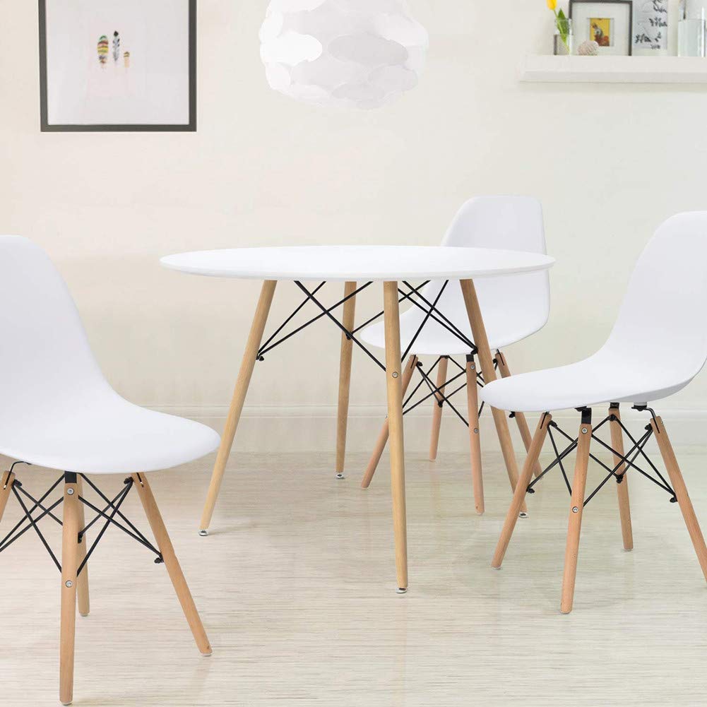 Modern Round White Dining Table with Wooden Legs - Space-Saving Kitchen, Living Room & Office Desk - Perfect for Family Dinners, Home Office & Small Apartments - Stylish Home Decor & Guest Entertaining - Great for Breakfast Nooks, Studio Apartments & Open Floor Plans - Ideal for Dining Rooms, Kitchen Islands, and Small Space Decorating