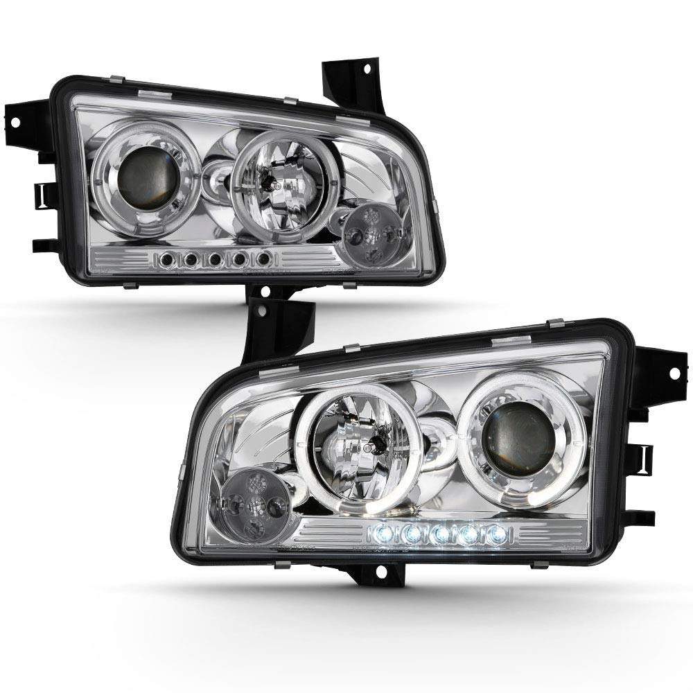 ACANII LED Halo Chrome Projector Headlights Assembly for 2006-2010 Dodge Charger - Durable Replacement Headlamps with Halo Rings (Driver & Passenger Side) - Upgrade Your Night Driving Visibility & Style