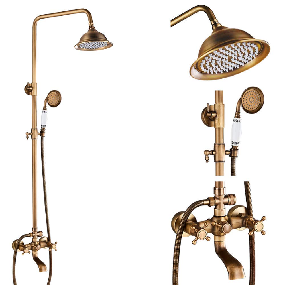 UIEMMY Antique Brass Shower System - 8'' Rainfall Showerhead, Dual Handle Mixer Tap & Swivel Tub Spout Bath Set (Type C) - Perfect for Vintage Style Bathroom Renovations & Luxurious Spa Experience