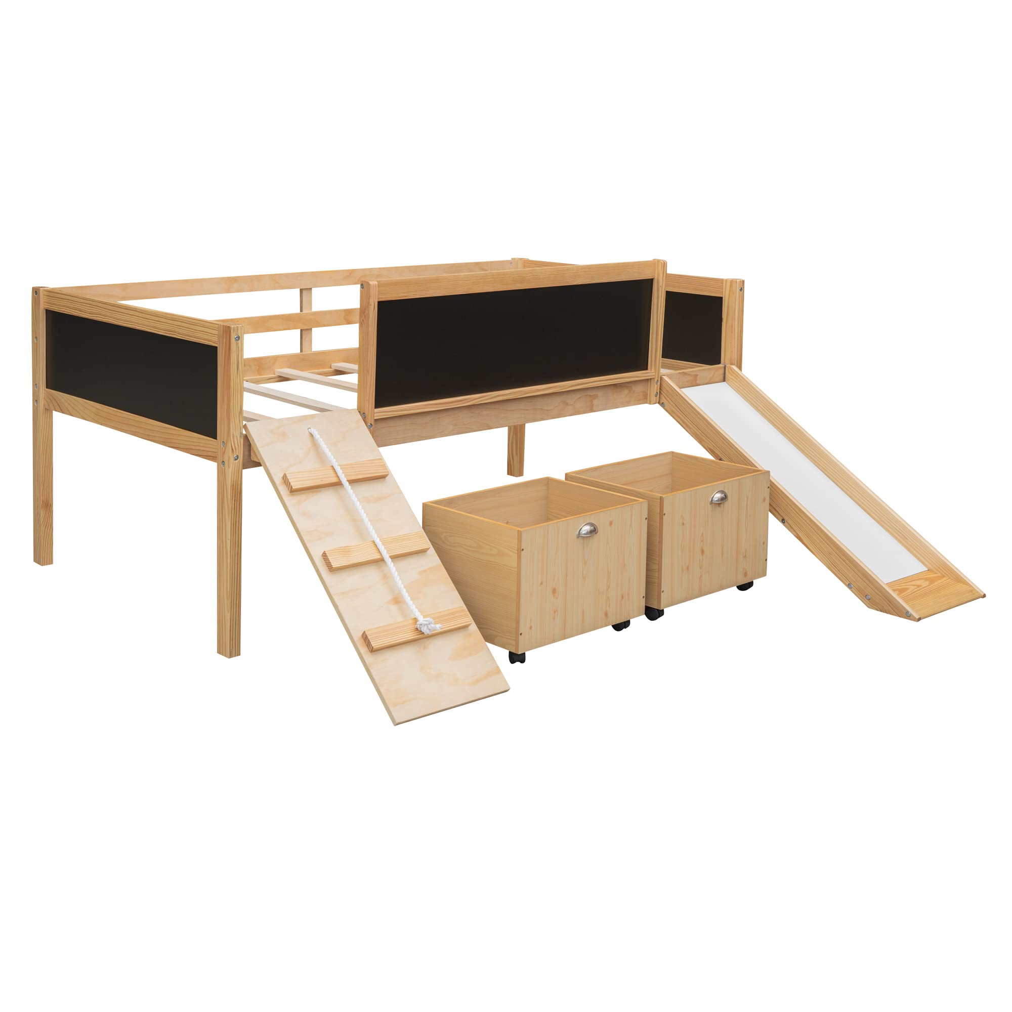 **Modern Twin Loft Bed for Kids with Slide, Storage Boxes, Climbing Ladder & Chalkboard - Multifunctional Low Loft Bed Frame for Boys & Girls - Perfect for Small Bedrooms, Playrooms & Kids' Spaces**