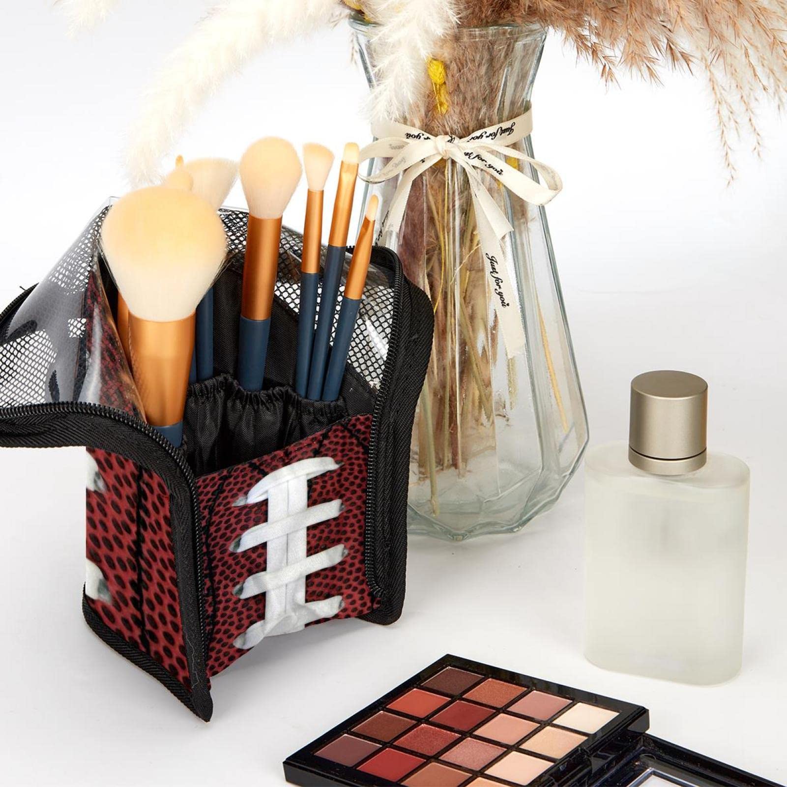 12-Piece Makeup Brush Organizer Bag with Football Texture - Portable Travel Cosmetic Brush Holder Case for Makeup Artists & On-the-Go Beauty Enthusiasts (Perfect for Gym Bags, Travel Kits & Vanity Organization)