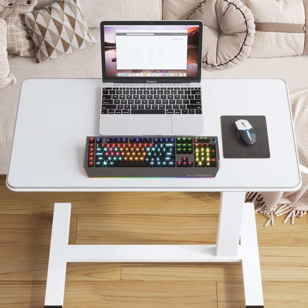 Adjustable Pneumatic Overbed Table - Mobile Laptop Desk with Tray for Hospital, Bedside & Home Office (White, 31