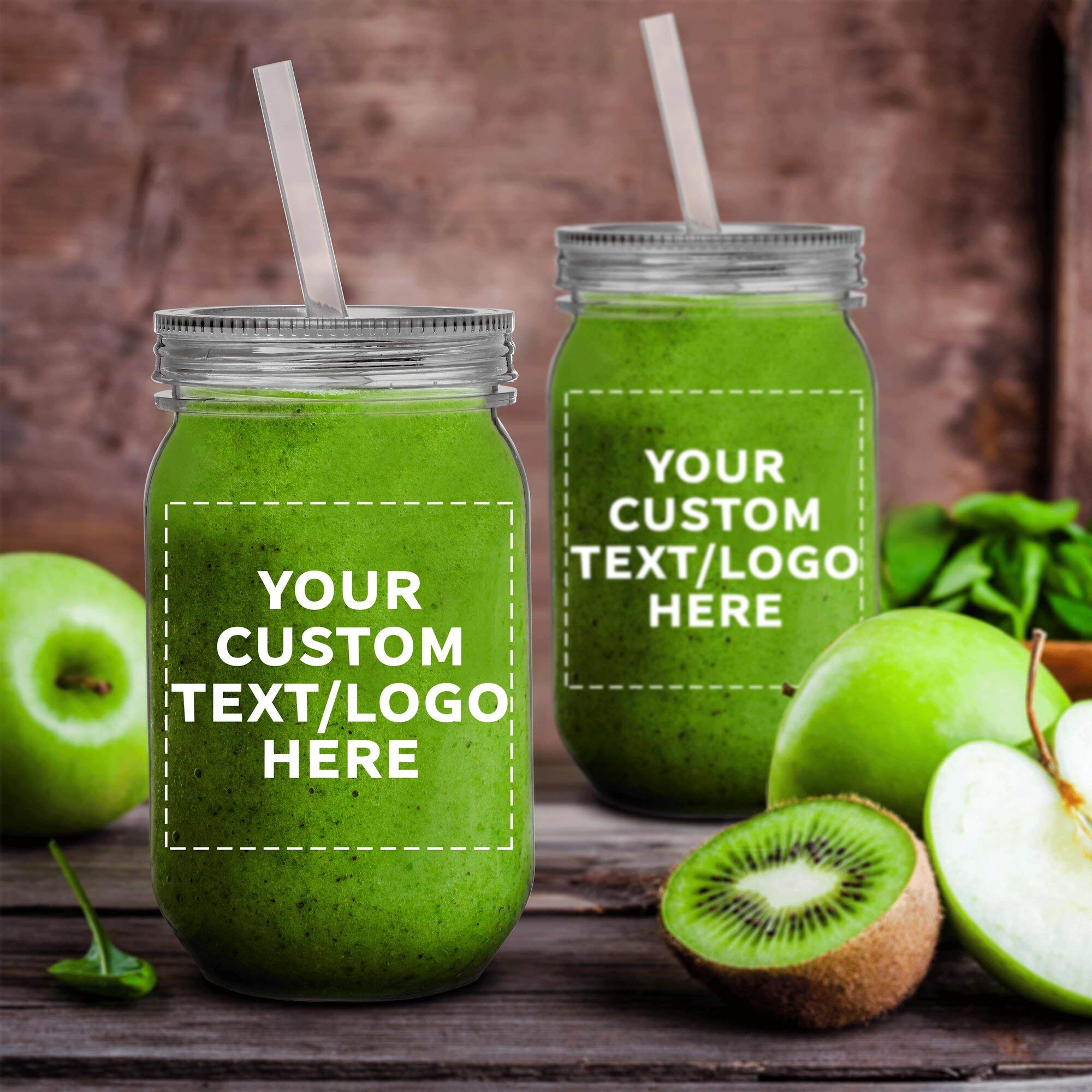 Custom 24 oz Plastic Mason Jars with Straw - Bulk Pack of 50 - Personalized Clear Drinking Jars for Smoothies, Iced Coffee & Beverages - Perfect for Parties, Cafes & Meal Prep Storage