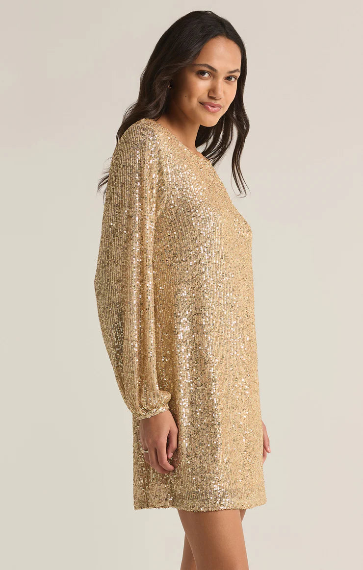 Z Supply Andromeda Champagne Sequin Mini Dress - Sparkly Party Dress for Women, Night Out, Wedding Guest, Holiday Celebration