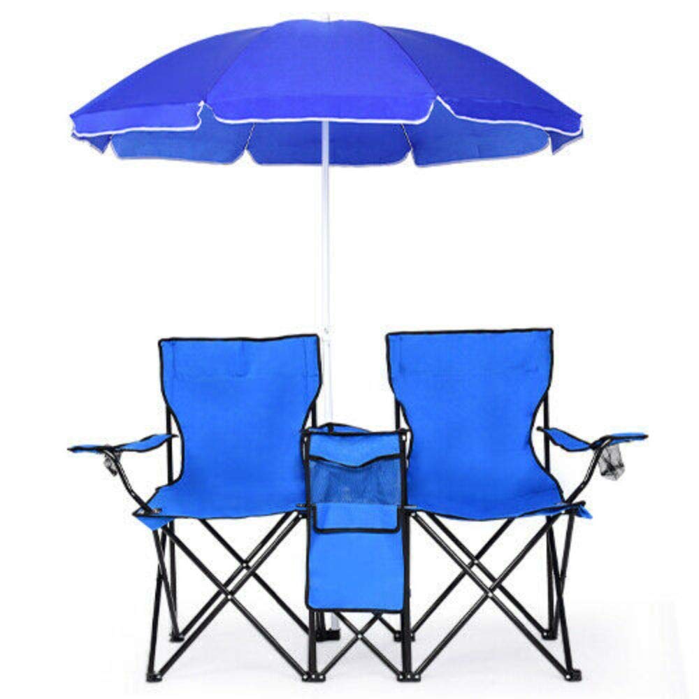 Portable Folding Picnic Chair with Umbrella and Table - Double Seating Cooler Bag Included for Beach, Camping, Park & Outdoor Activities