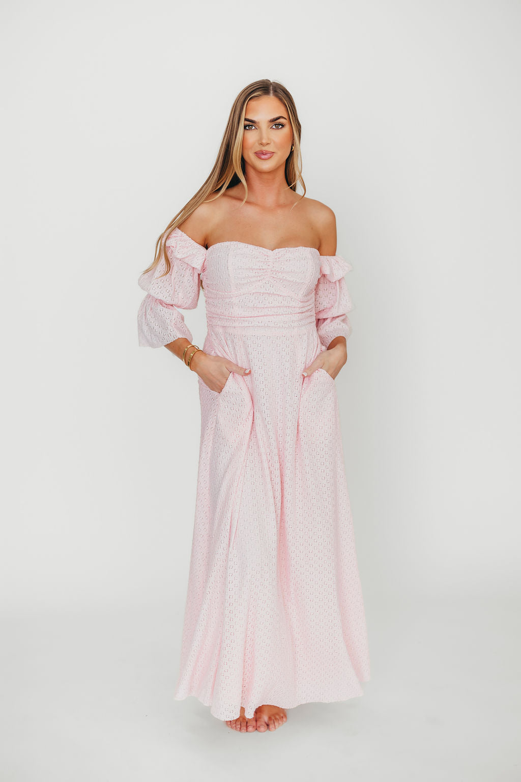 Corrine Tiered Sleeve Maxi Dress with Pockets - Baby Pink Maternity Dress | Bump Friendly & Comfortable for Pregnancy, Nursing, Special Occasions & Summer Weddings