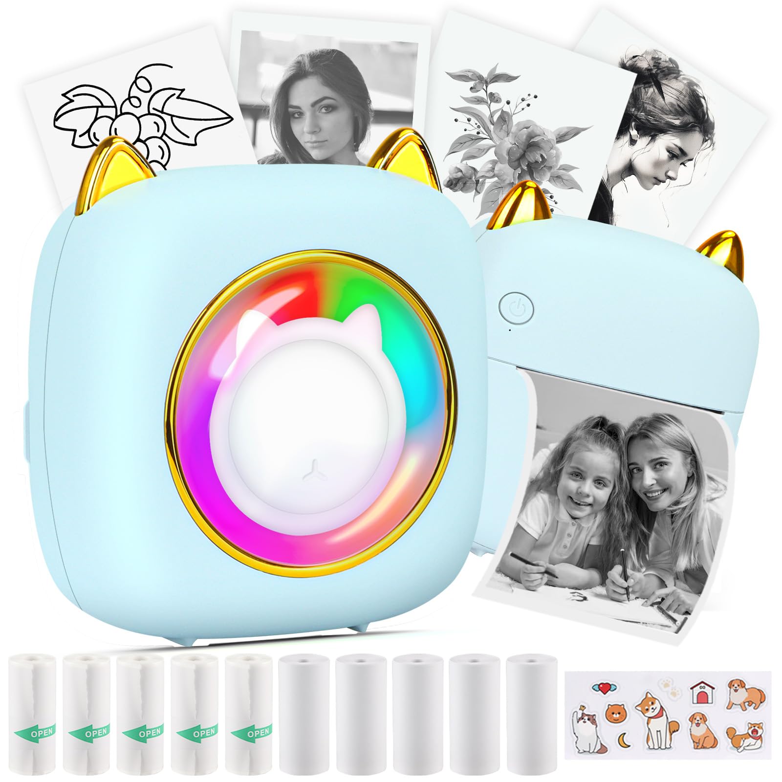 HuiJuKeJi Mini Sticker Printer - Portable Bluetooth Thermal Printer for iOS & Android with RGB Light, 10 Rolls Thermal Paper & Sticker - Perfect for Photo Journaling, Notes, Memos & Receipt Printing at Home, Office or Travel