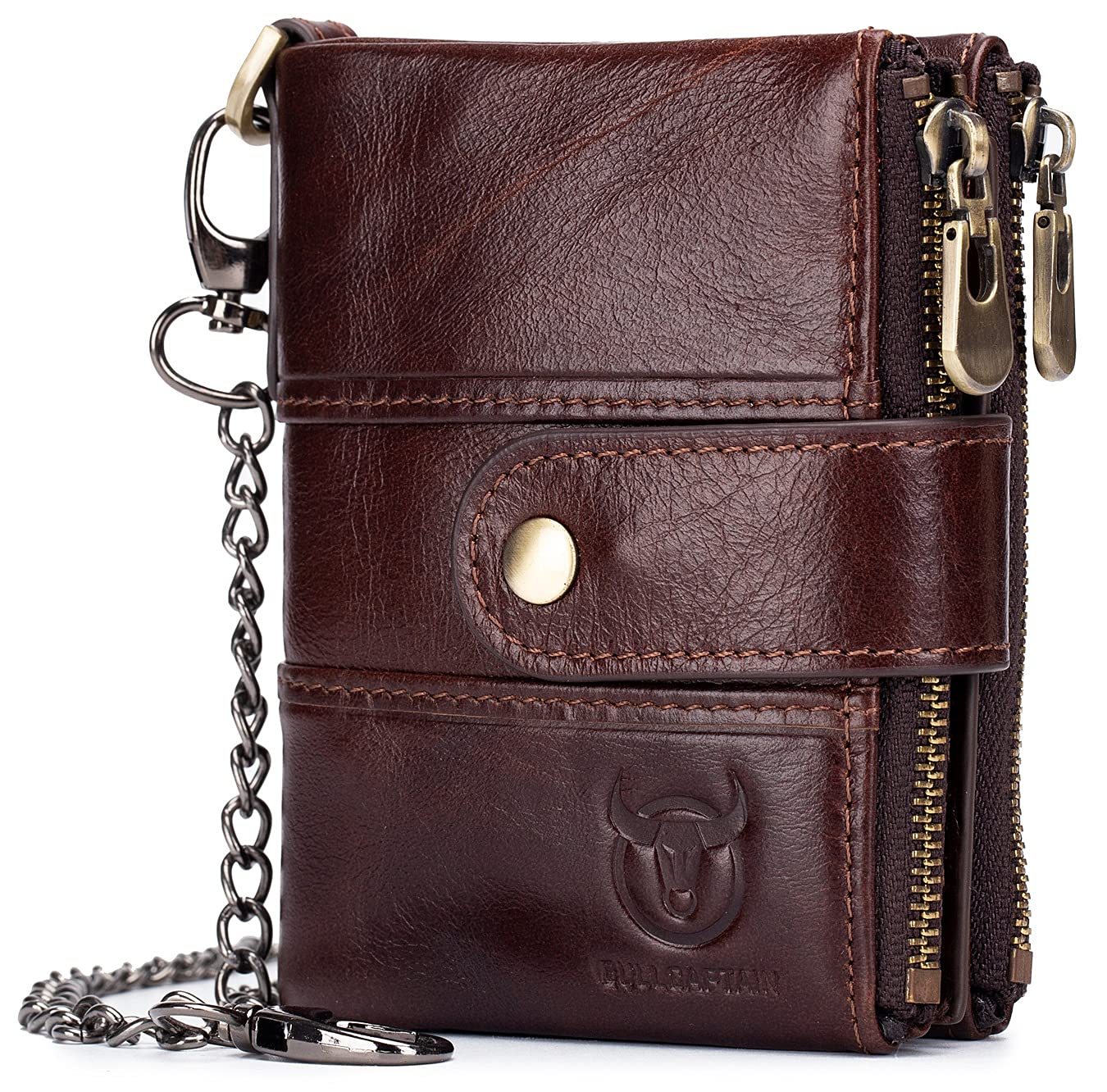 BULLCAPTAIN Genuine Leather RFID Blocking Bifold Wallet for Men - Anti Theft Chain, Double Zipper Coin Purse & ID Window - Perfect for Travel, Business & Everyday Use (Brown)