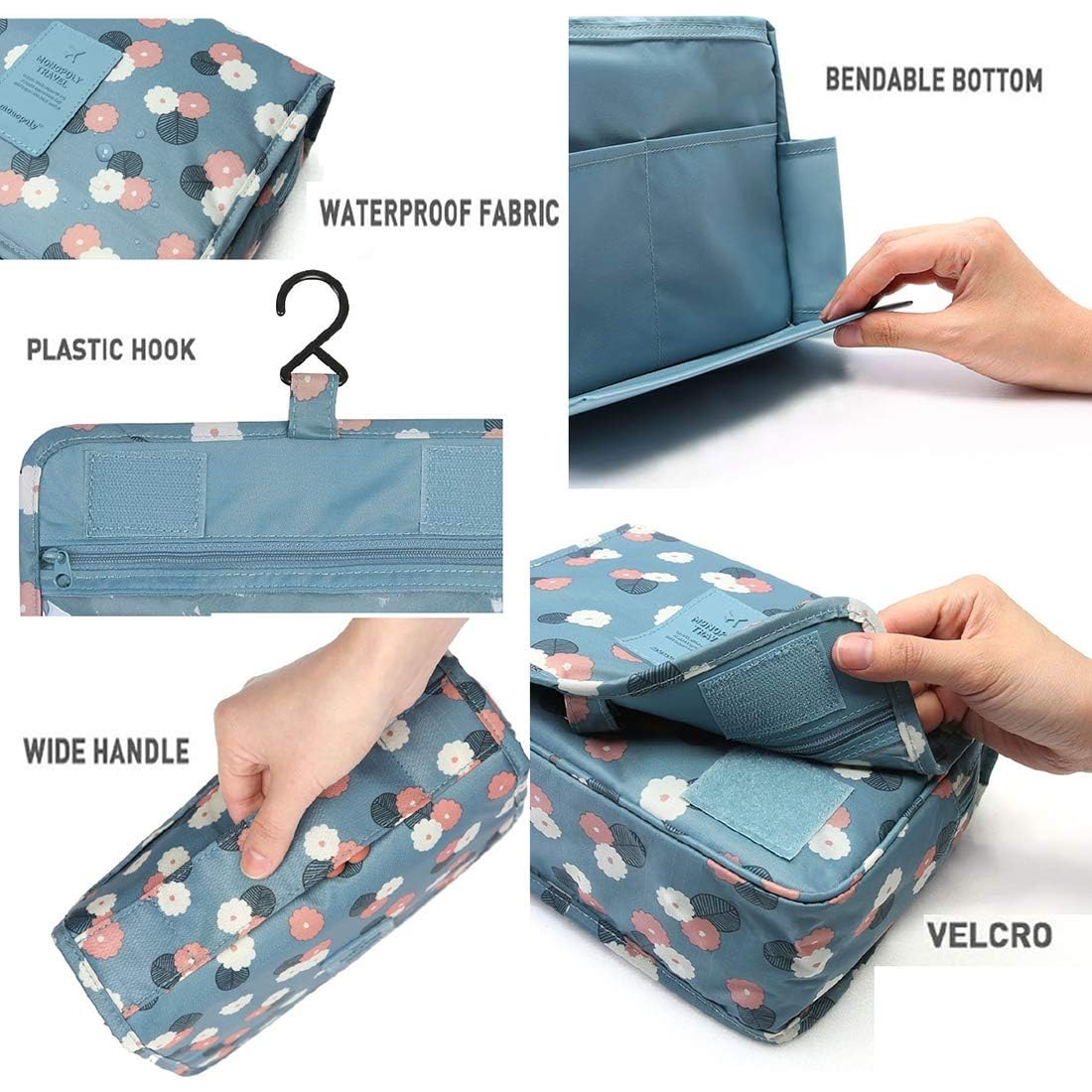 Waterproof Hanging Travel Toiletry Bag - Multifunctional Cosmetic Organizer for Women & Girls | Portable Makeup Pouch with Hanging Hook | Perfect for Travel, Gym & Daily Use (Blue Floral Pattern)
