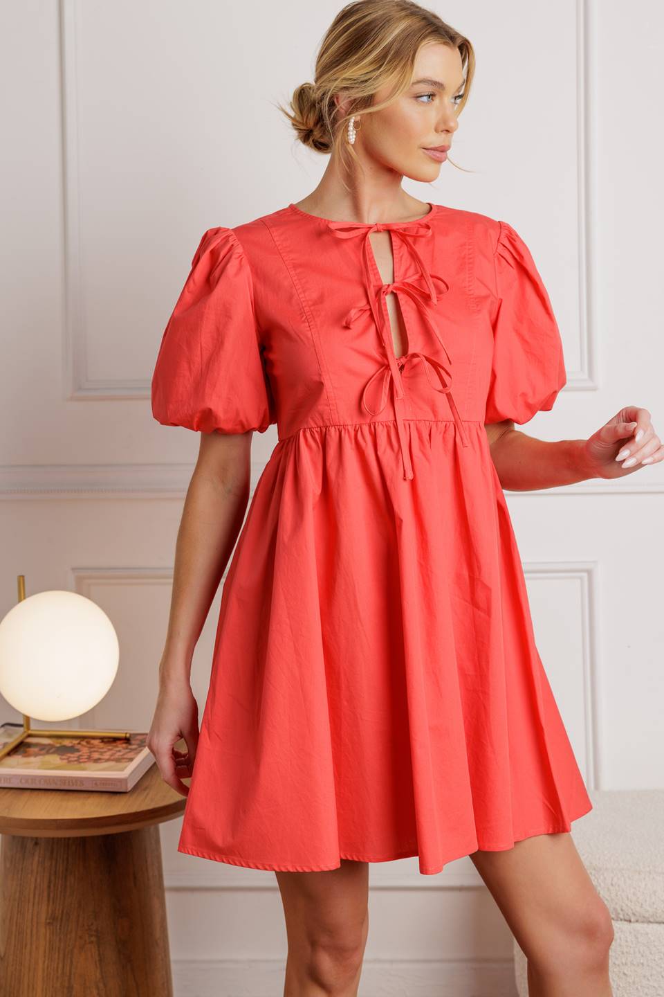 Front Tie Puff Sleeve Mini Dress in Coral - Elegant Summer Party & Date Night Outfit for Women