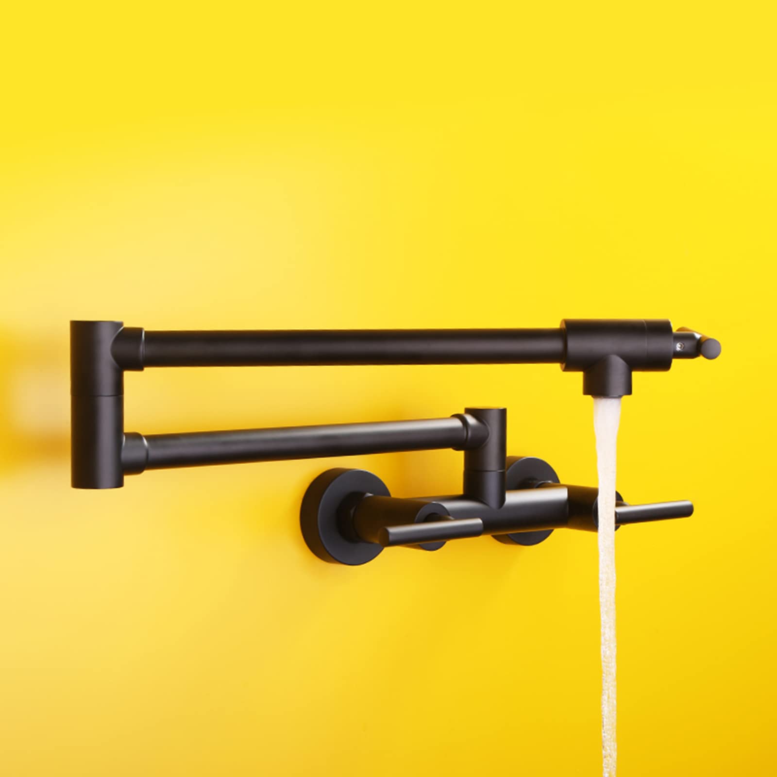 Black Wall Mounted Foldable Pot Filler Kitchen Faucet - 3 Handle Dual Hole Hot & Cold Water Mixer Tap with Stretchable Double Joint Swing Arm | Perfect for Home Kitchen, Restaurant & Commercial Use