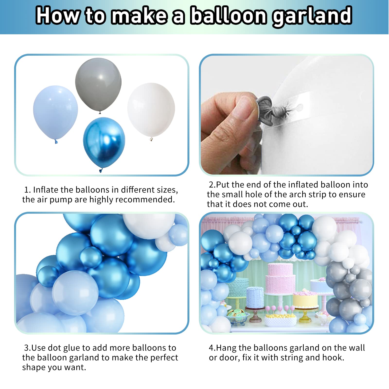 Blue White Metallic Balloon Arch Garland - Silver Grey Pastel Balloons for Birthday Party, Gender Reveal, Baby Shower & Anniversary Decorations | Helium Latex Balloons for Indoor & Outdoor Events
