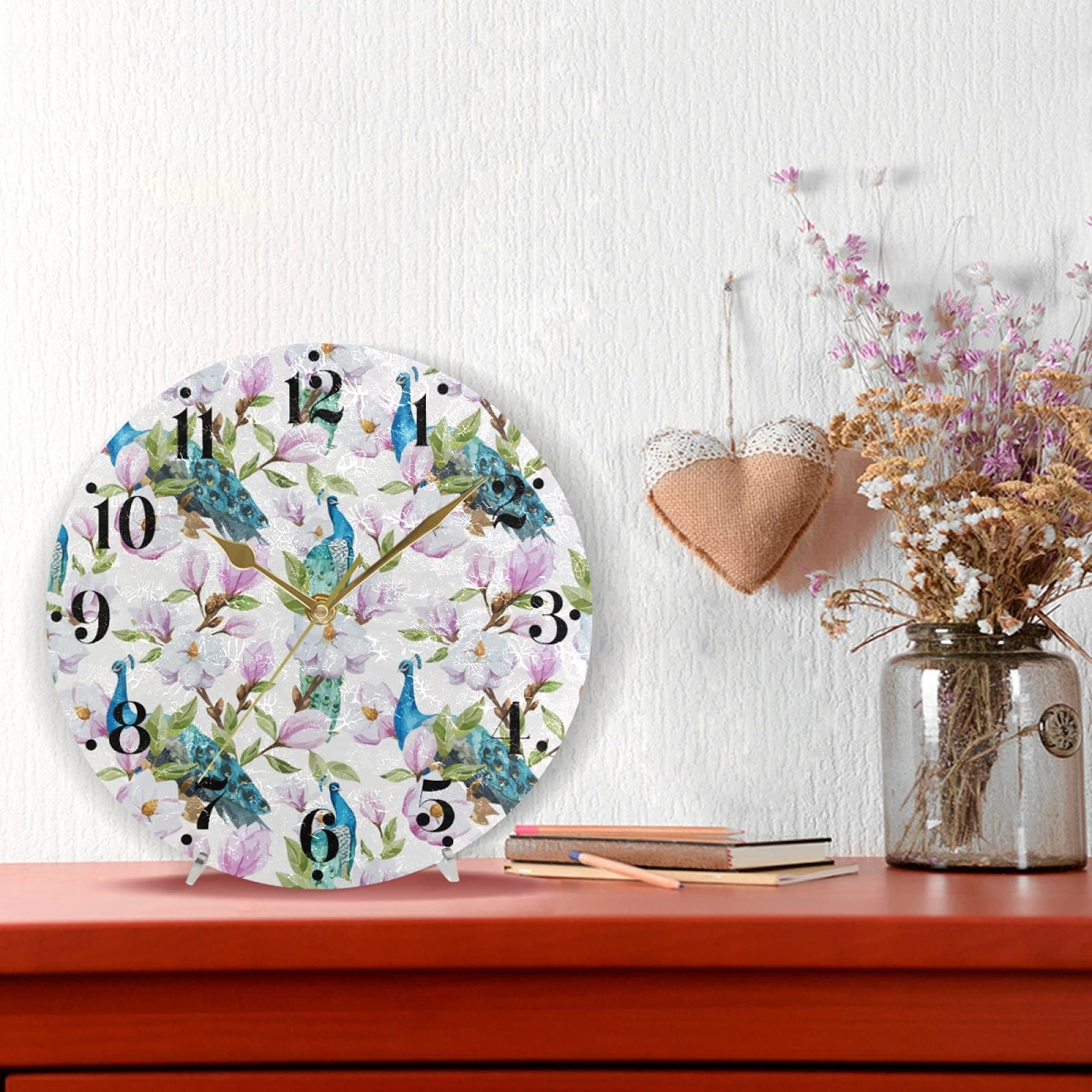 Magnolia Flower Peacock Wall Clock - Silent Non-Ticking Battery Operated Round Modern Art Clock for Kitchen, Living Room & Bedroom Decor | Perfect for Home, Office & Gift Giving