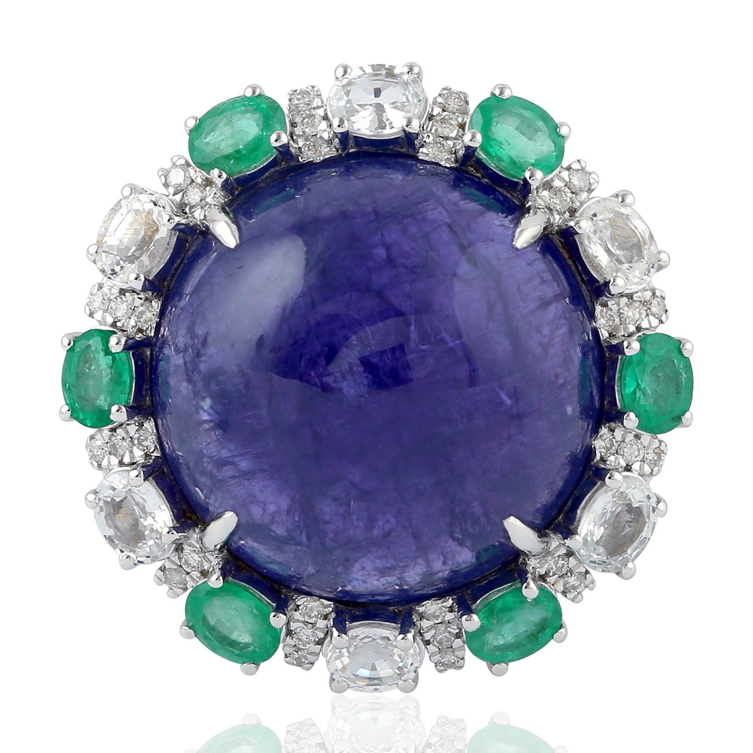 Blue Sapphire & Tanzanite Round Emerald Pave Diamond Cocktail Ring in 14K White Gold | Elegant Wedding, Anniversary & Evening Party Jewelry Gift for Women