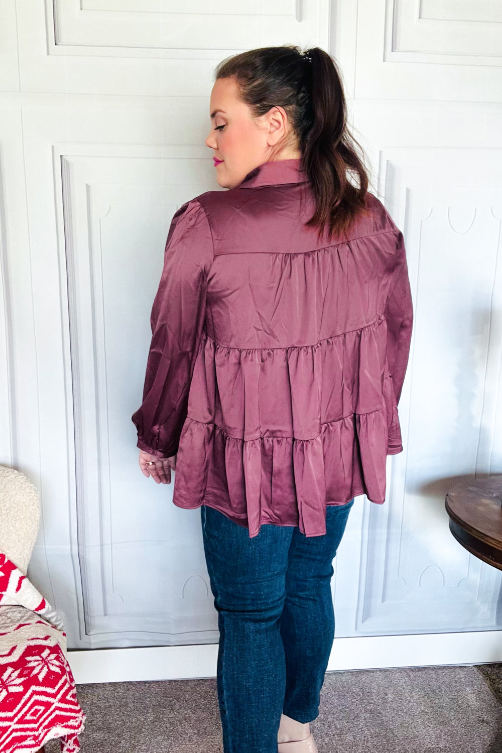 Burgundy Satin Babydoll Top with Button Down & Tiered Design - Perfect for Date Nights, Parties & Casual Outfits